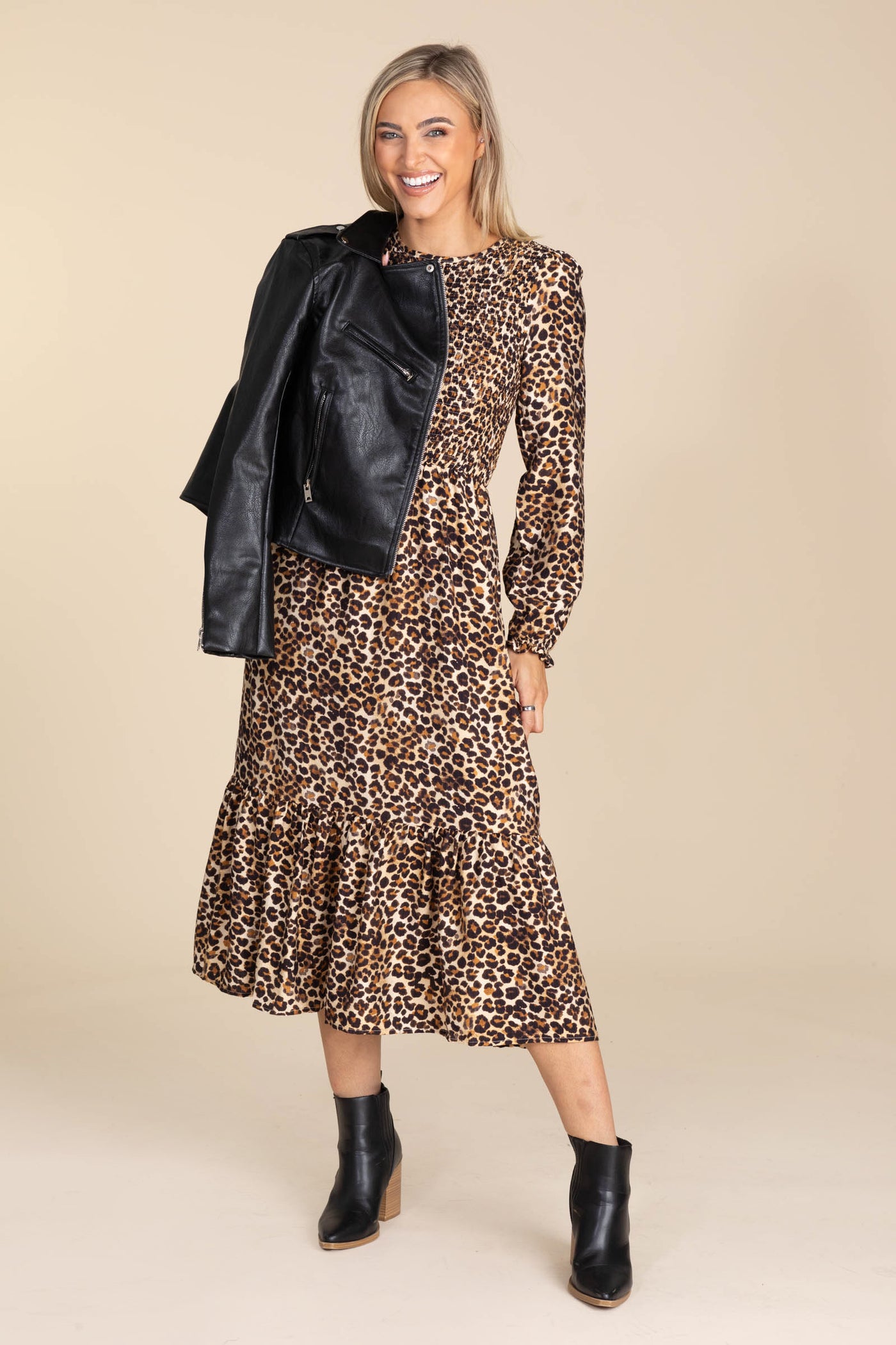 Leopard Smocked Sleeve Maxi Dress
