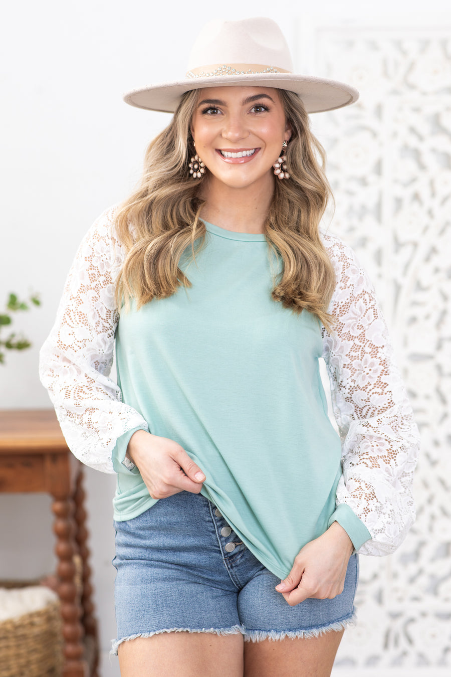 Mint Lace Puff Sleeve Pullover Top