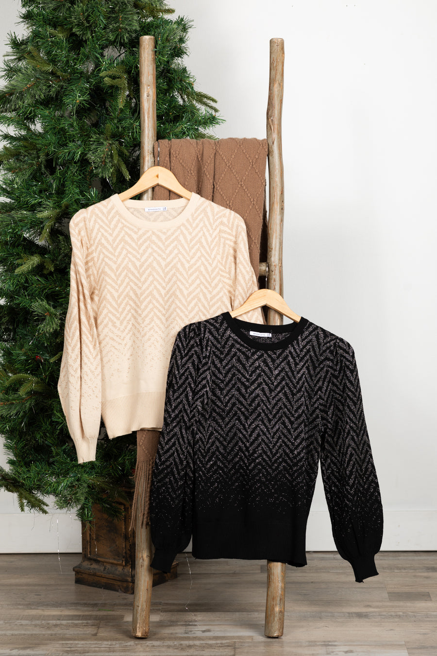 Chevron Pattern Lurex Balloon Sleeve Sweater