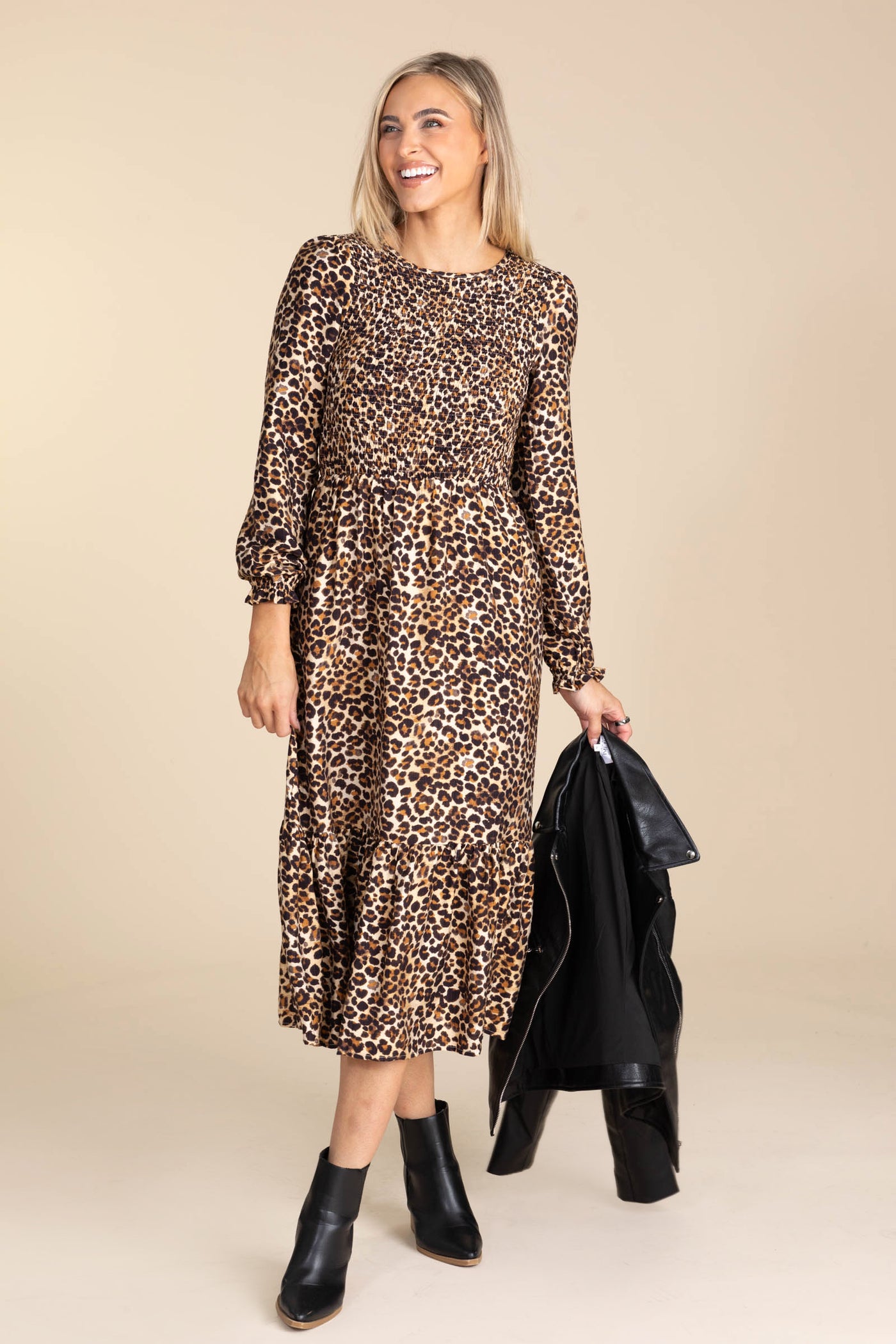 Leopard Smocked Sleeve Maxi Dress · Filly Flair
