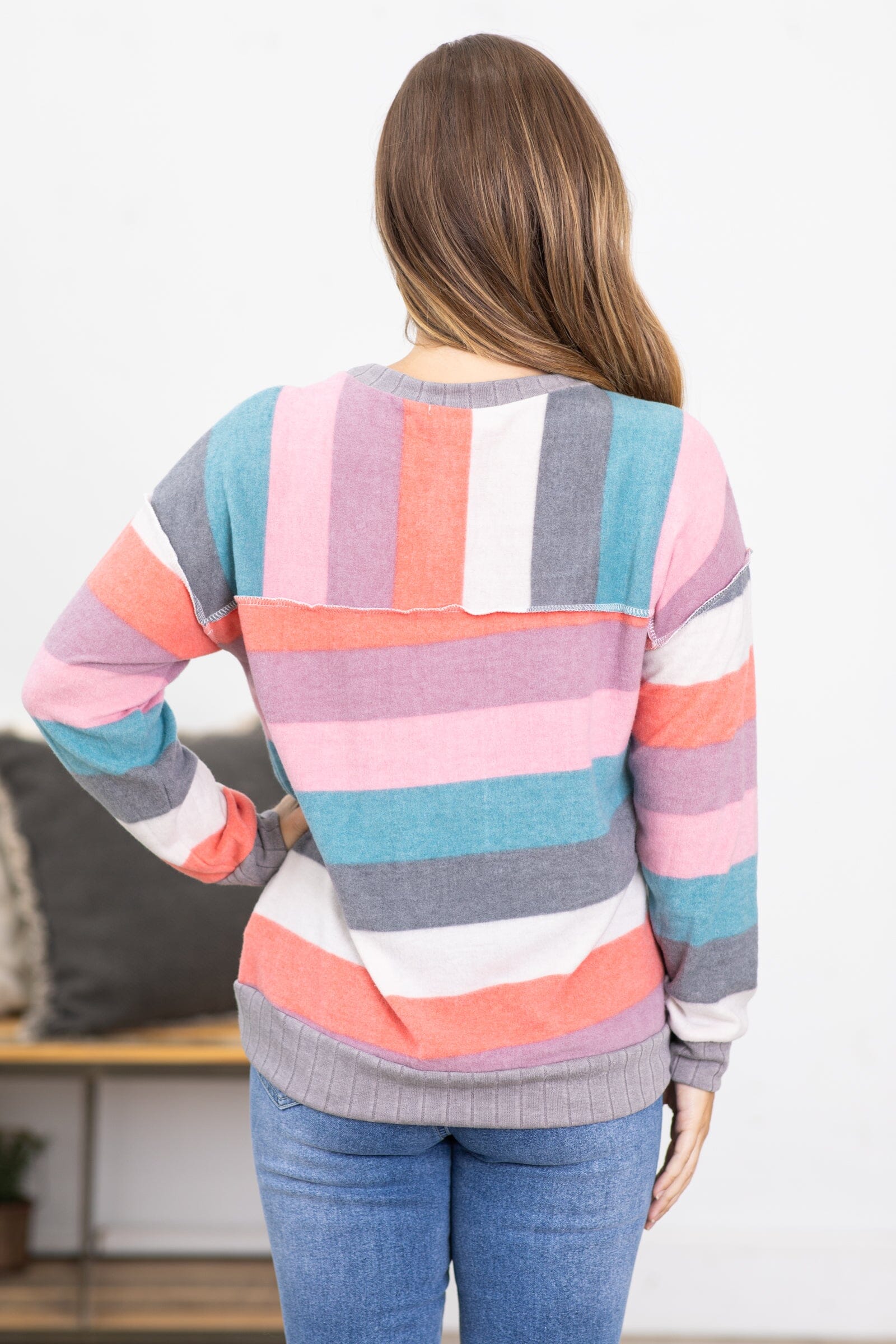 Coral Multicolor Stripe Long Sleeve Top - Filly Flair