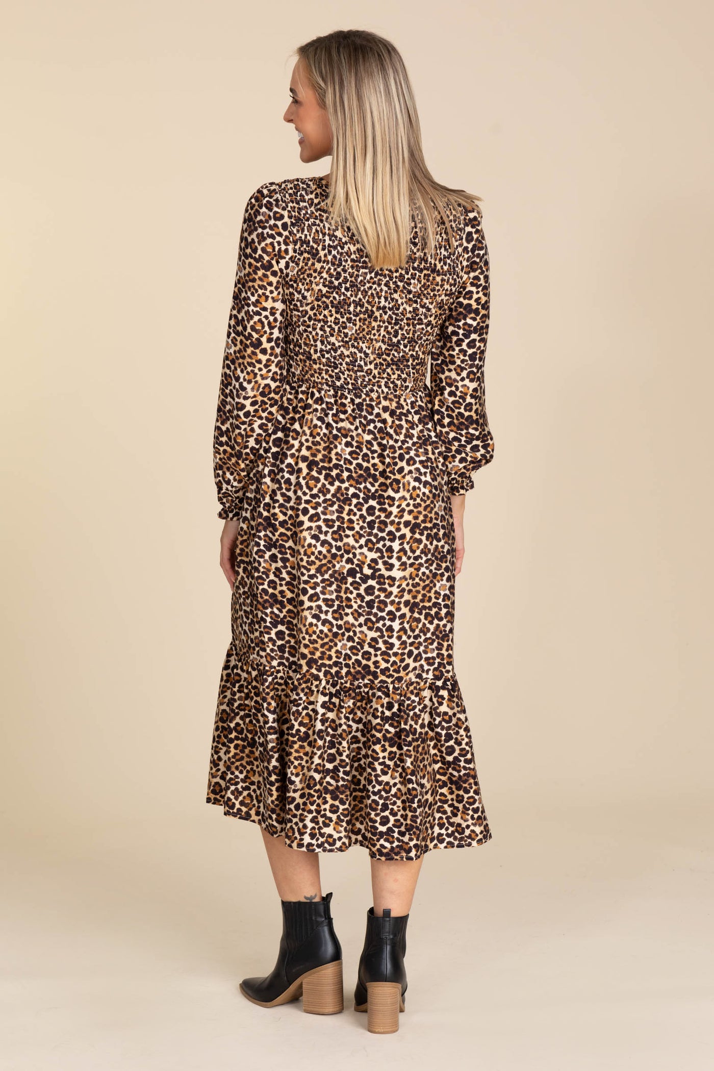 Leopard Smocked Sleeve Maxi Dress