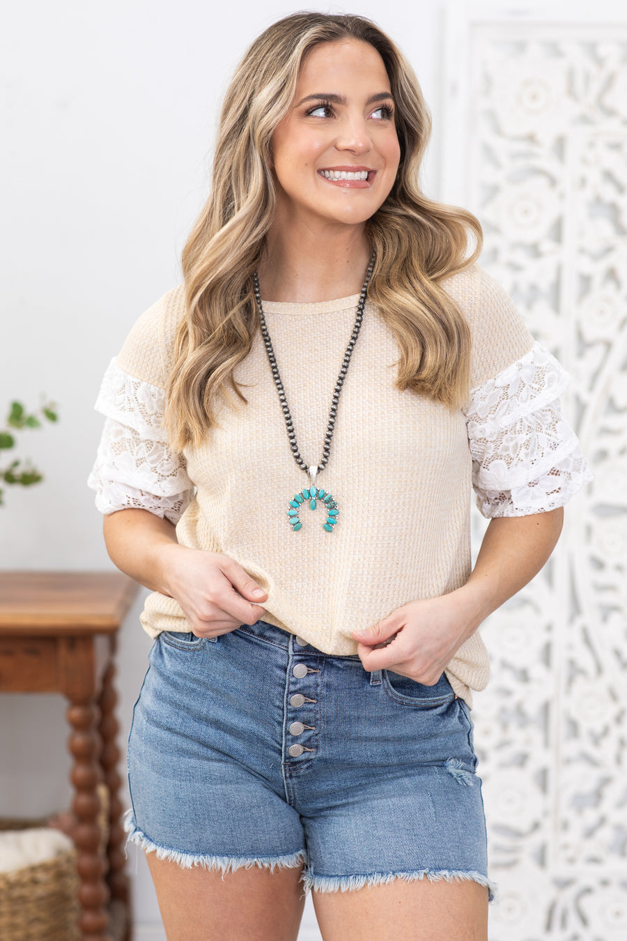 Oatmeal Waffle Knit Top With Lace Sleeves