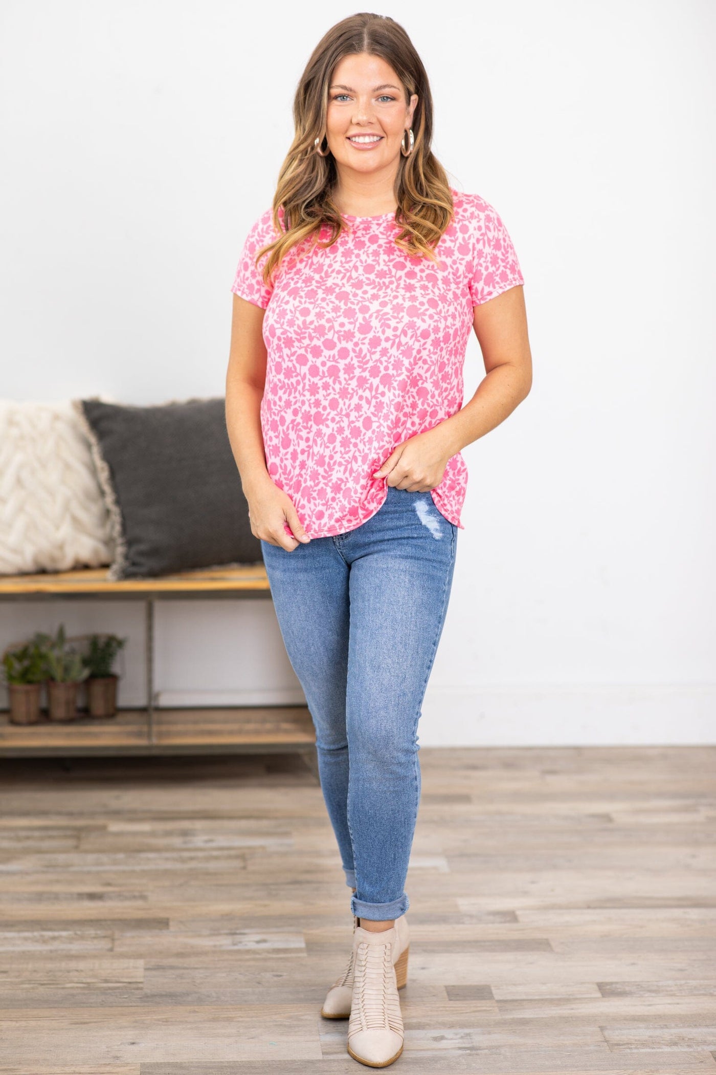 Pink and Blush Floral Short Sleeve Top - Filly Flair