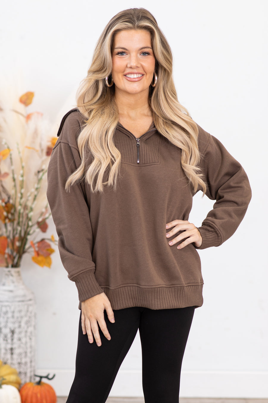 Mocha Super Soft Mock Neck 1/4 Zip Pullover
