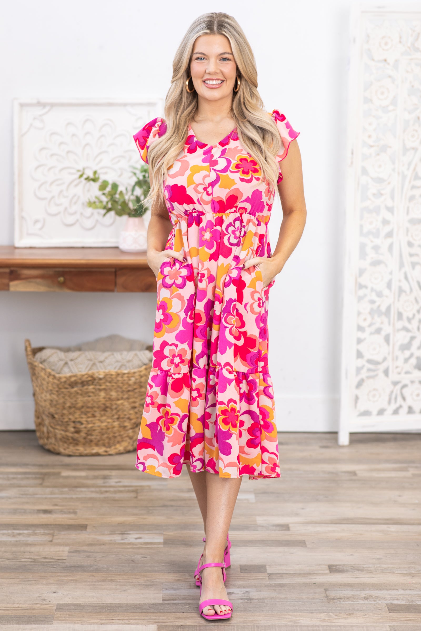 Fuchsia Floral Print Midi Dress · Filly Flair