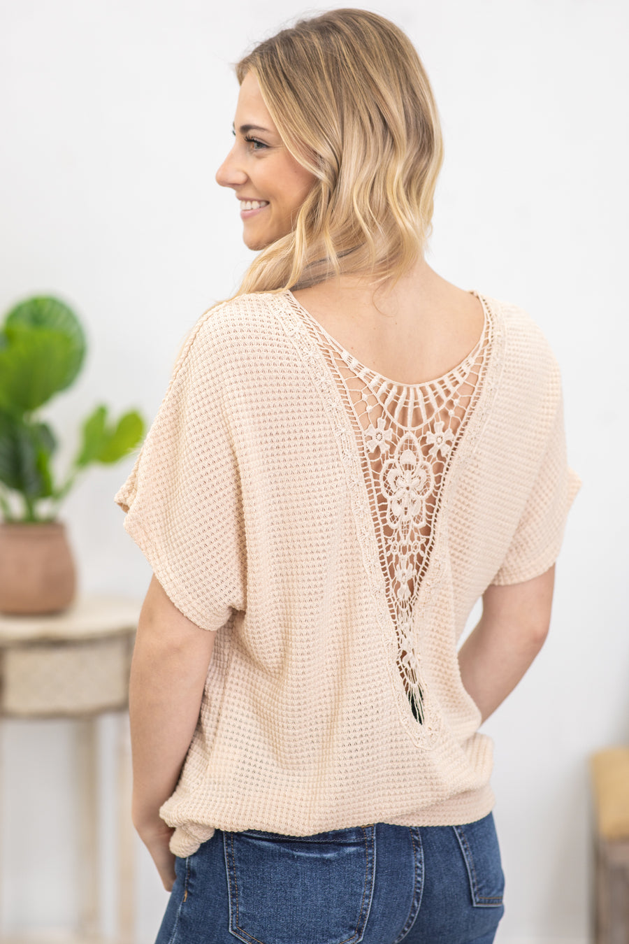Beige Crochet Back Waffle Knit Top