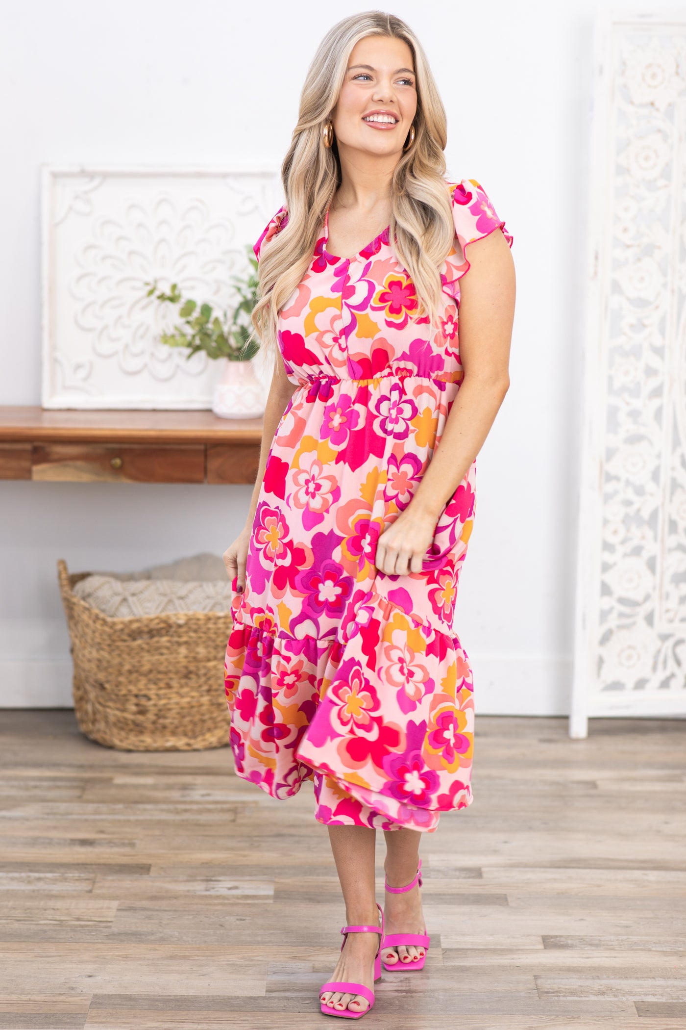 Fuchsia Floral Print Midi Dress · Filly Flair