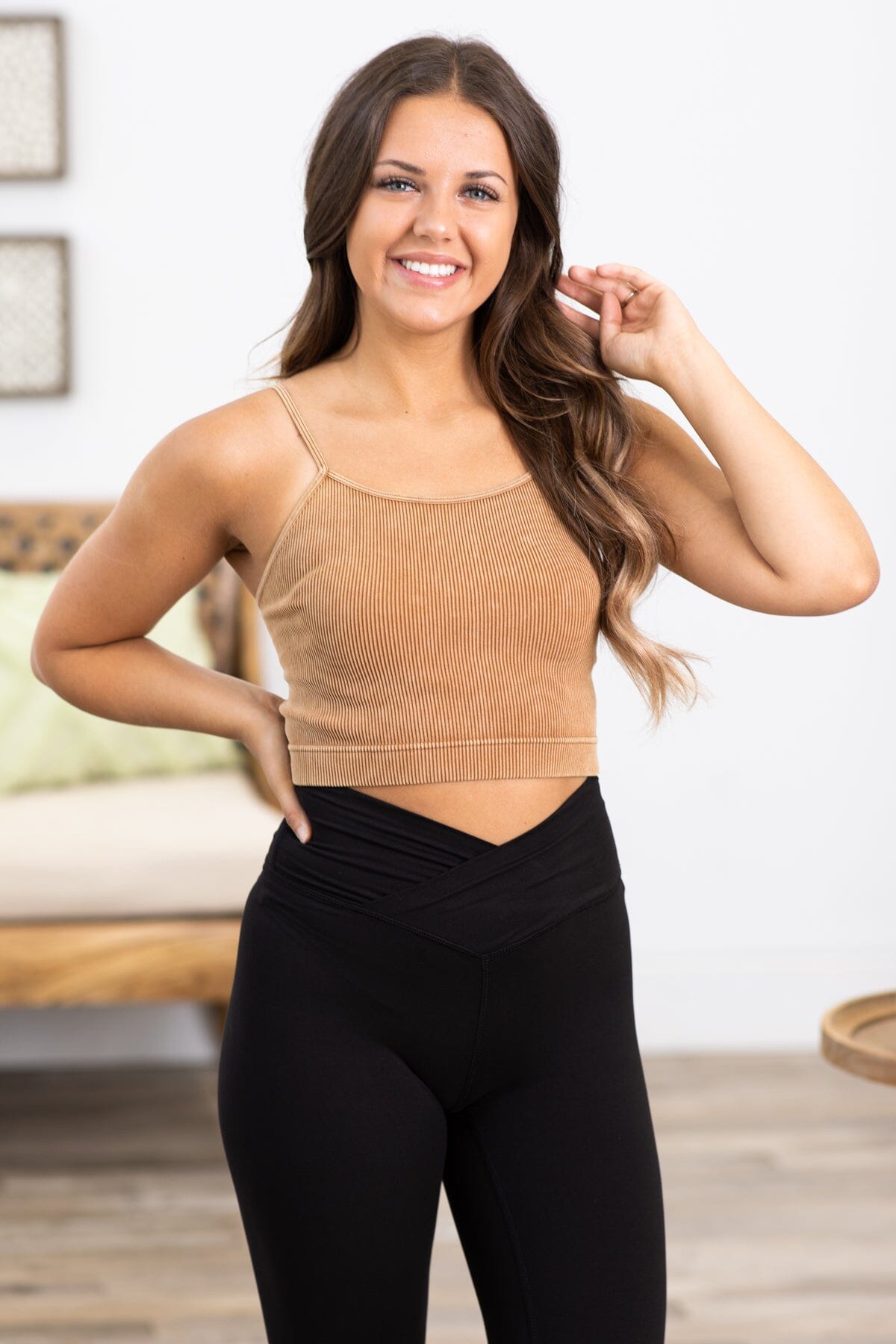 Camel Washed Rib Knit Bralette - Filly Flair