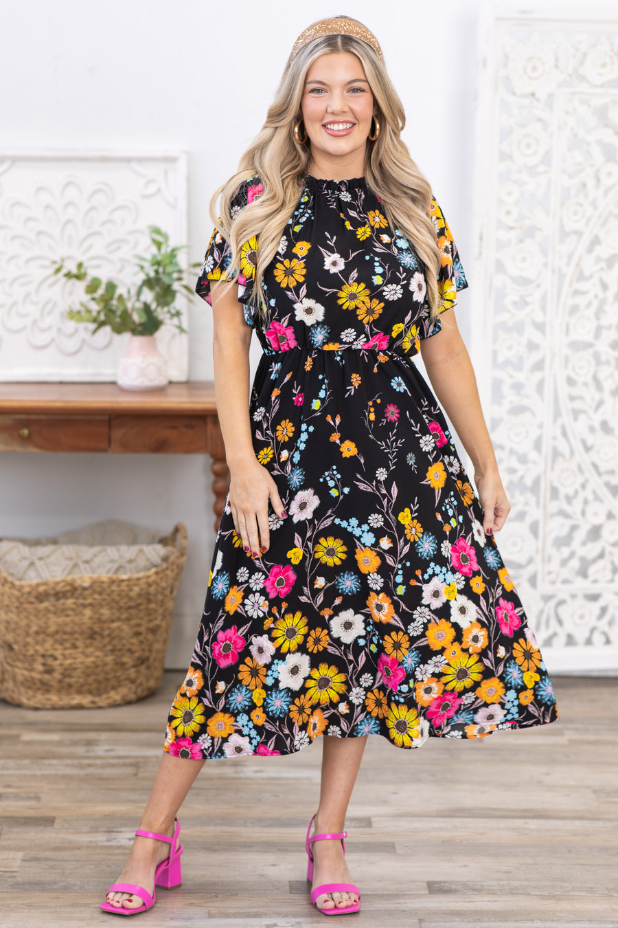 Black Floral Frilled Mock Neck Midi Dress