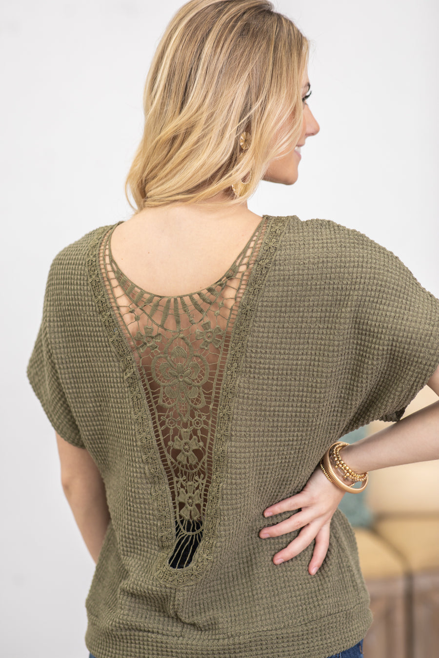 Army Green Crochet Back Waffle Knit Top