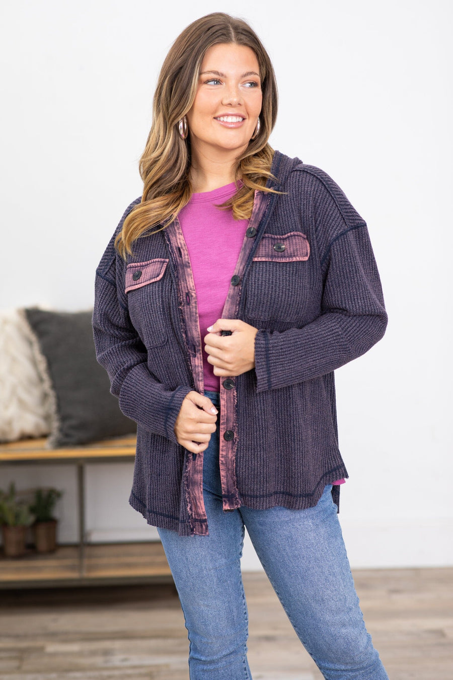 Navy Acid Wash Knit Shacket · Filly Flair