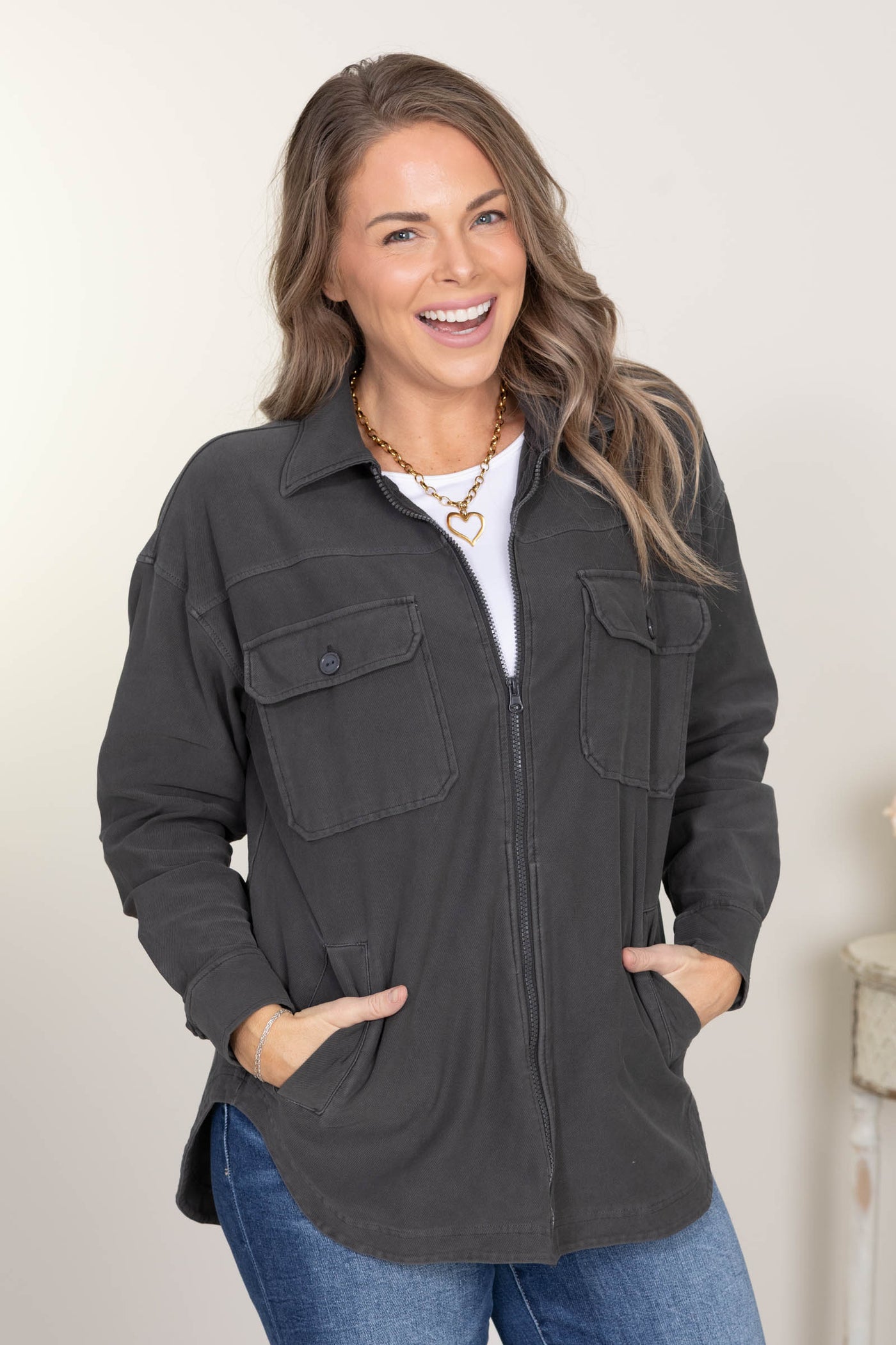 Charcoal Oversized Cargo Cotton Blend Shacket
