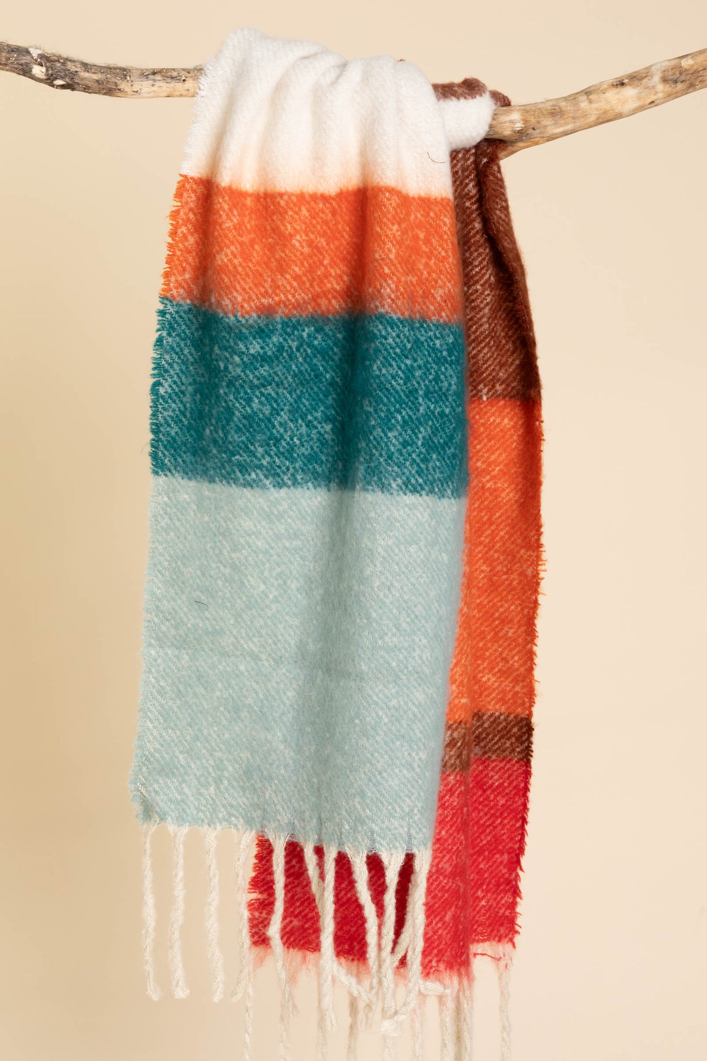 Red Multicolor Stripe Scarf With Fringe