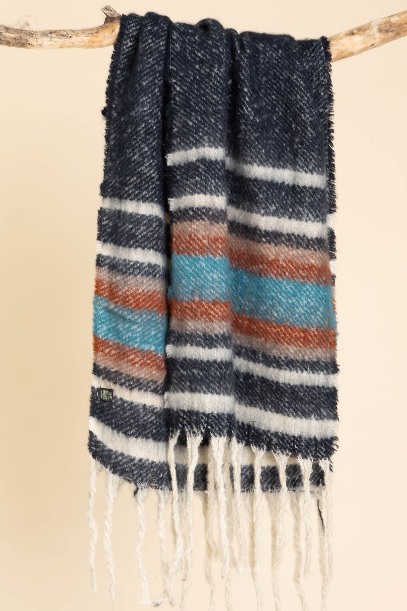 Navy Multi Stripe Cozy Scarf With Fringe
