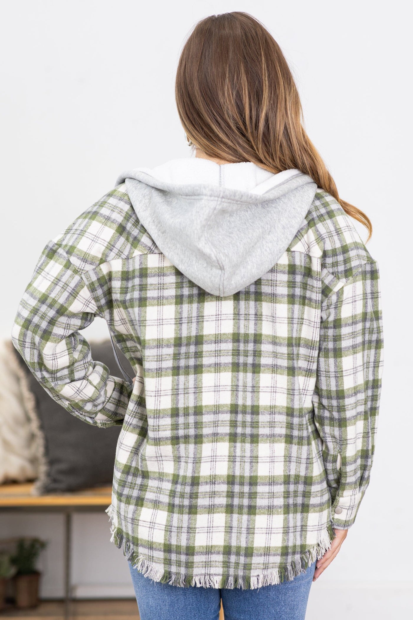 Olive and Cream Hooded Plaid Shacket - Filly Flair