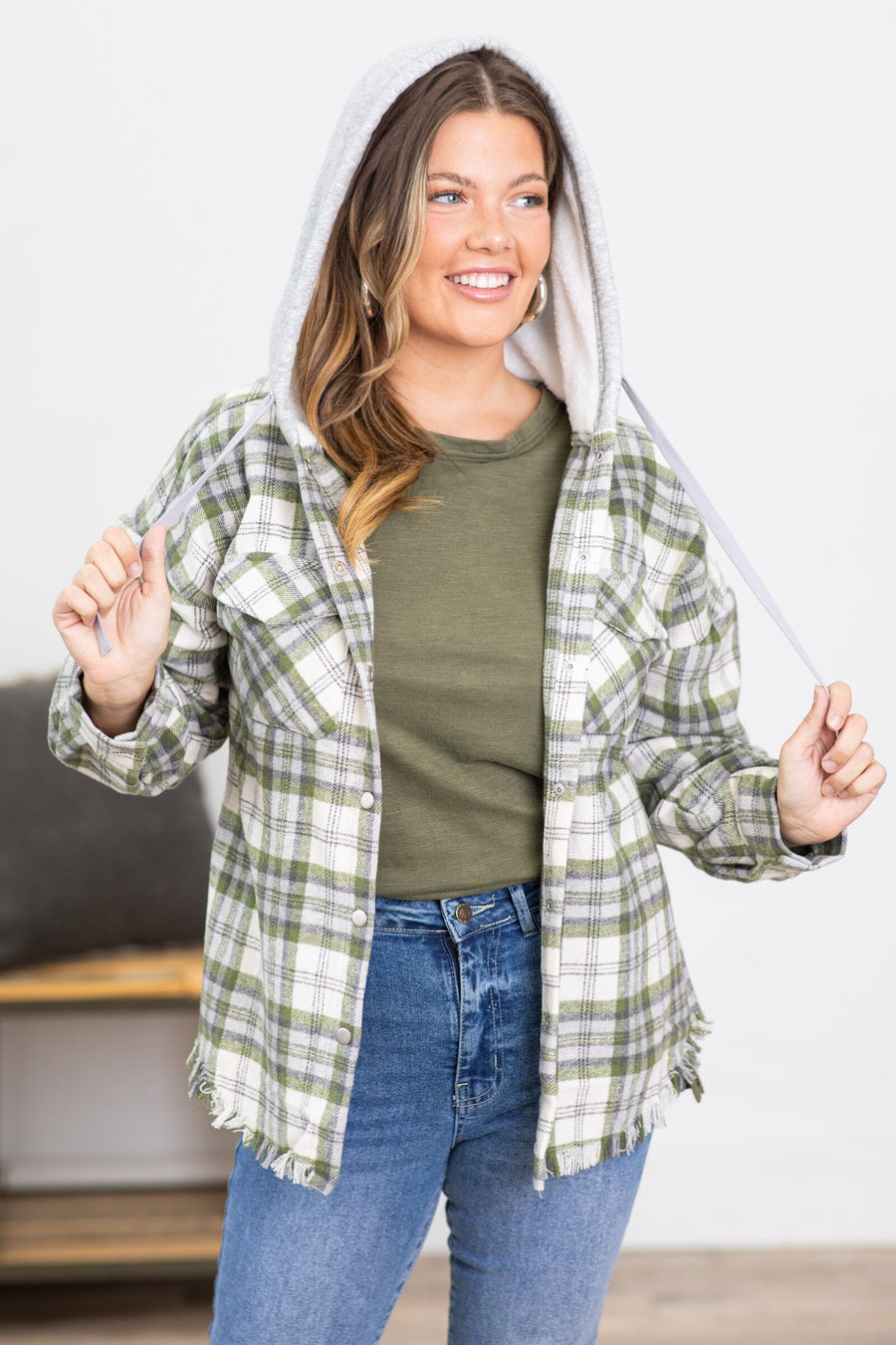 Olive and Cream Hooded Plaid Shacket - Filly Flair