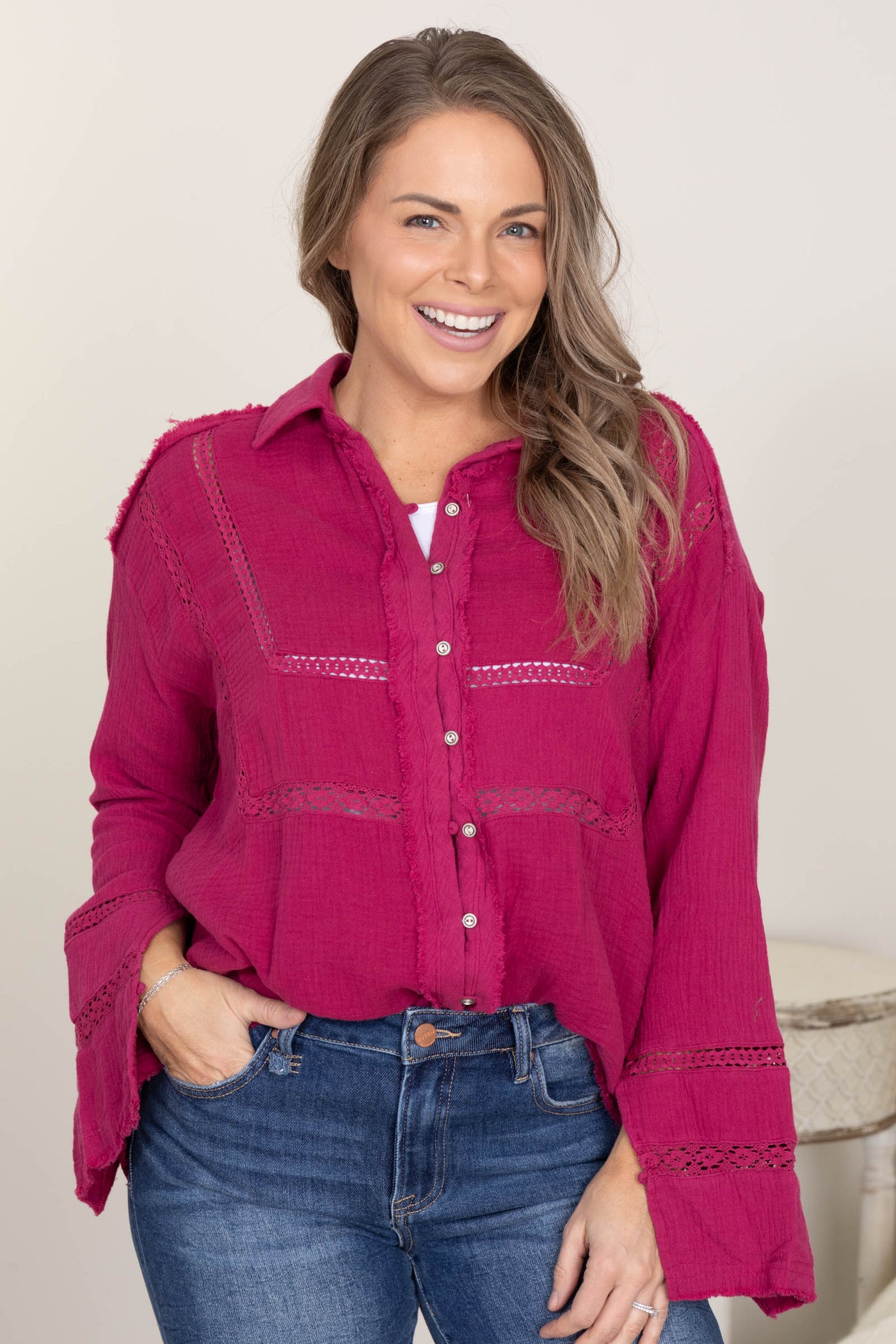 Berry Garment Washed Lace Insert Button Down