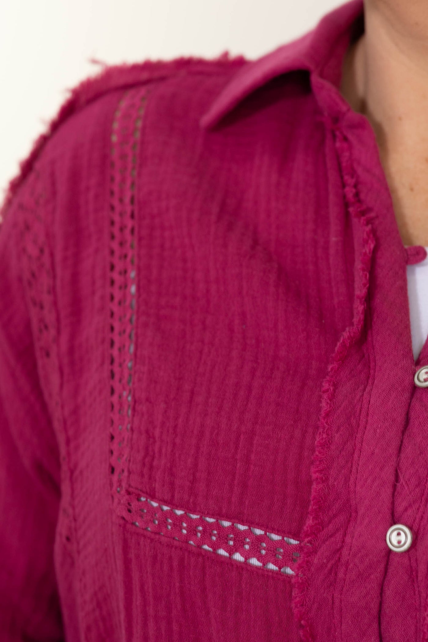 Berry Garment Washed Lace Insert Button Down