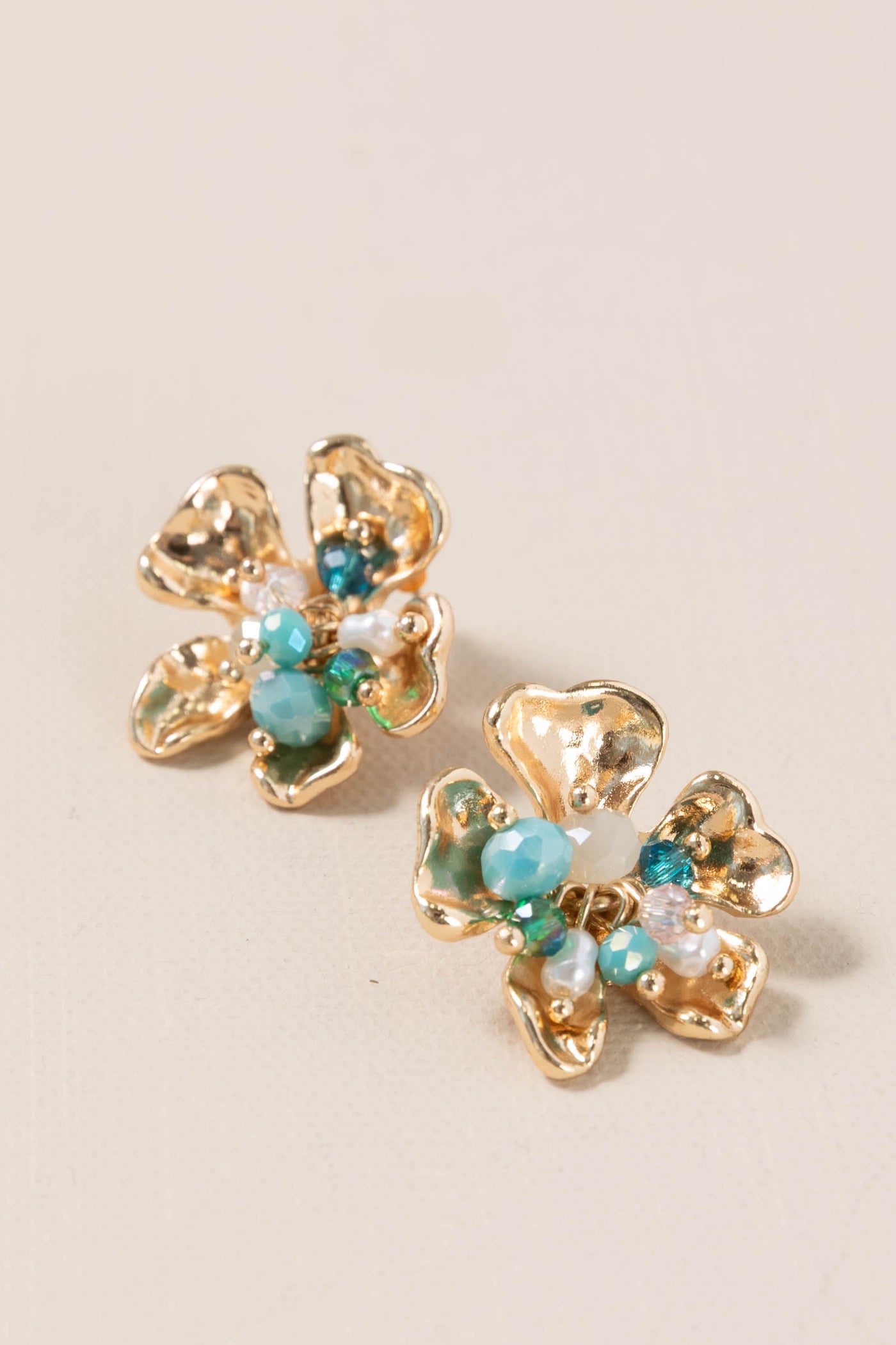 Gold Flower With Turquoise Bead Earrings