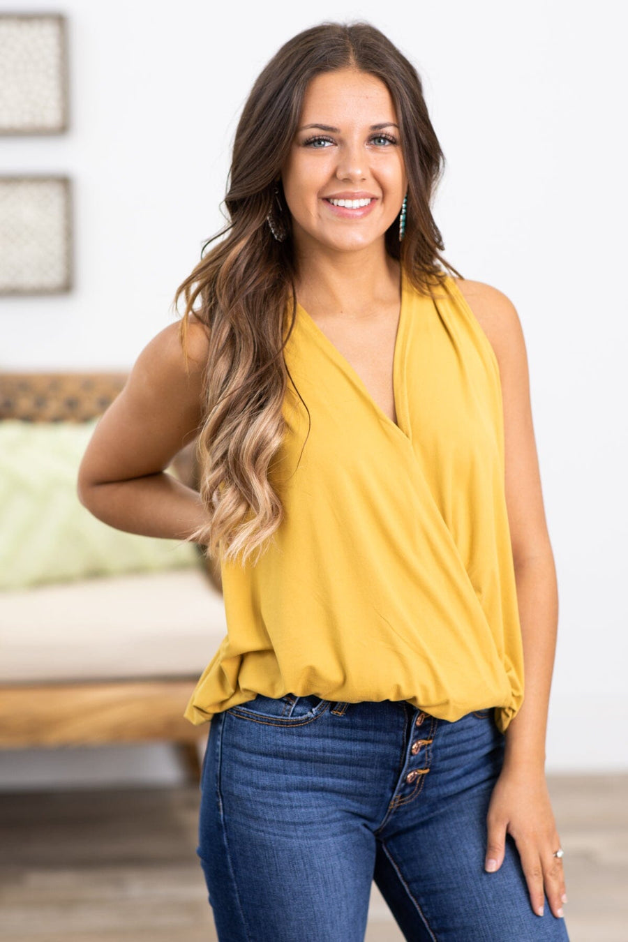 Mustard Surplice Front Halter Tank - Filly Flair