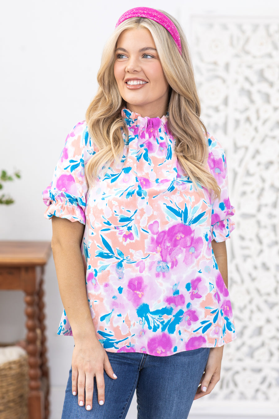 Peach and Teal Ruffle Neck Floral Woven Top