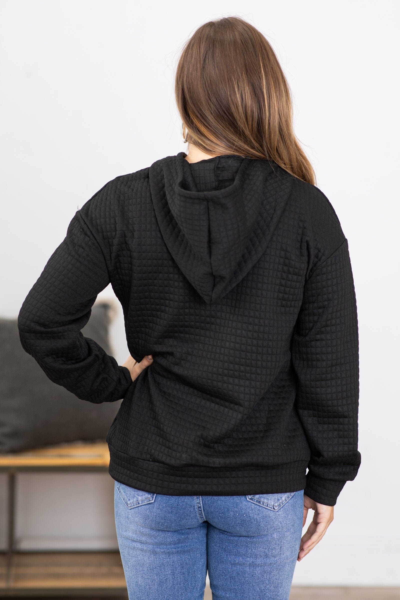 Black Textured Hooded Top With Pocket - Filly Flair