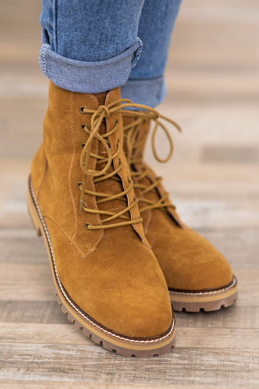 Camel Faux Suede Lace Up Boots - Filly Flair