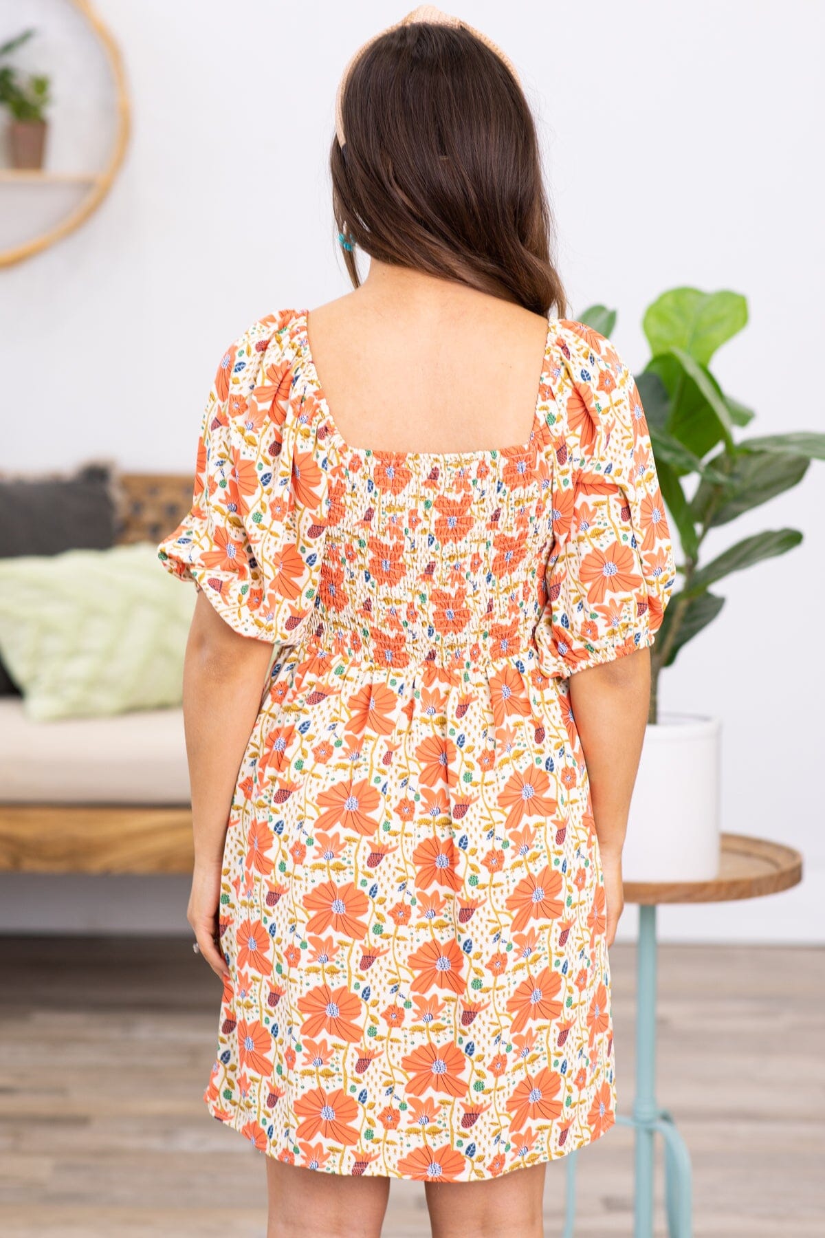 Orange Multicolor Floral Puff Sleeve Dress - Filly Flair