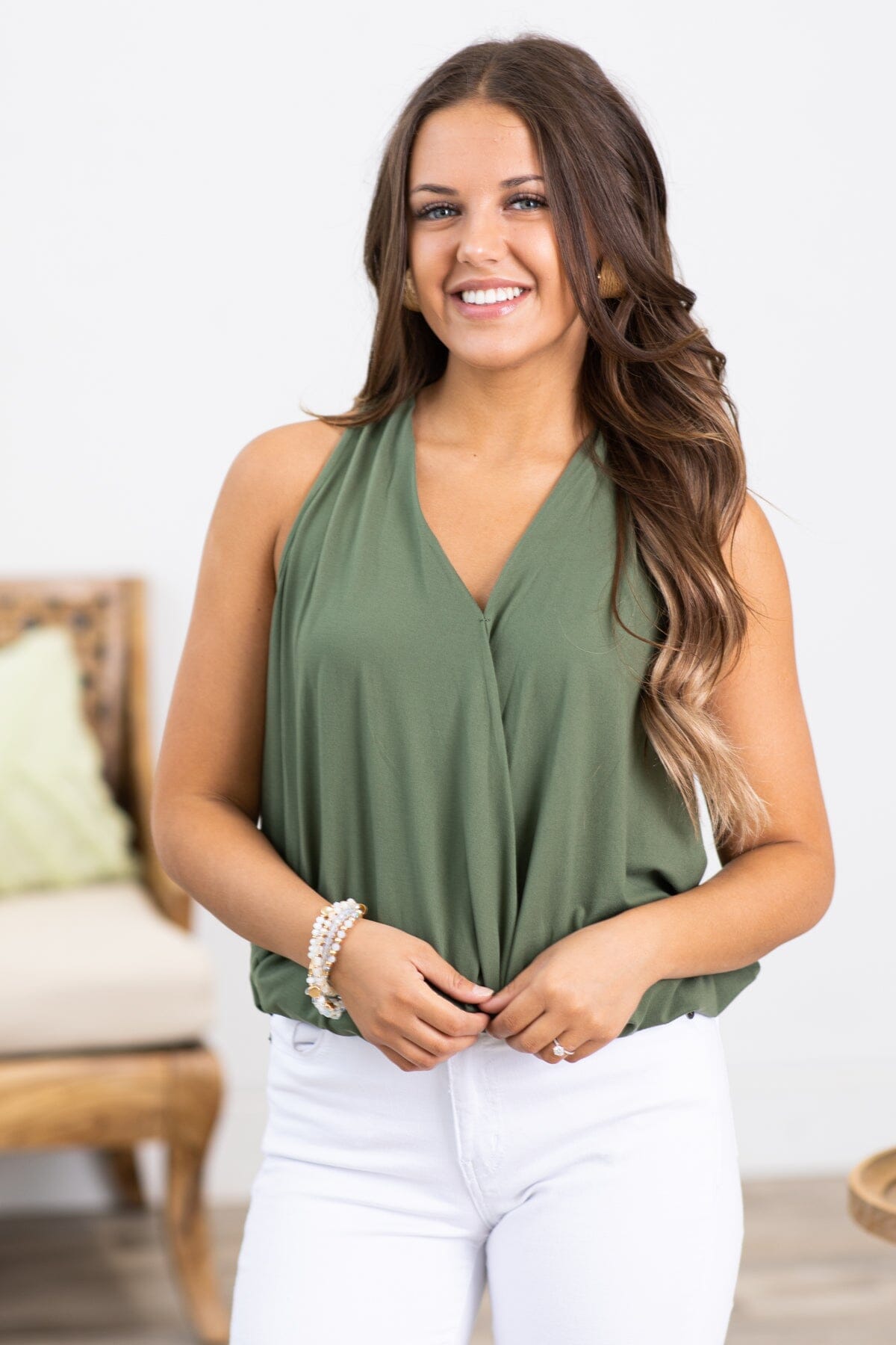 Olive Surplice Front Halter Tank - Filly Flair