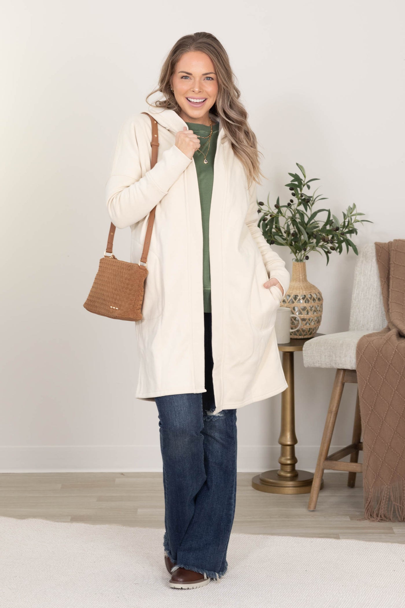 Cream Open Front Longline Hoodie Cardigan