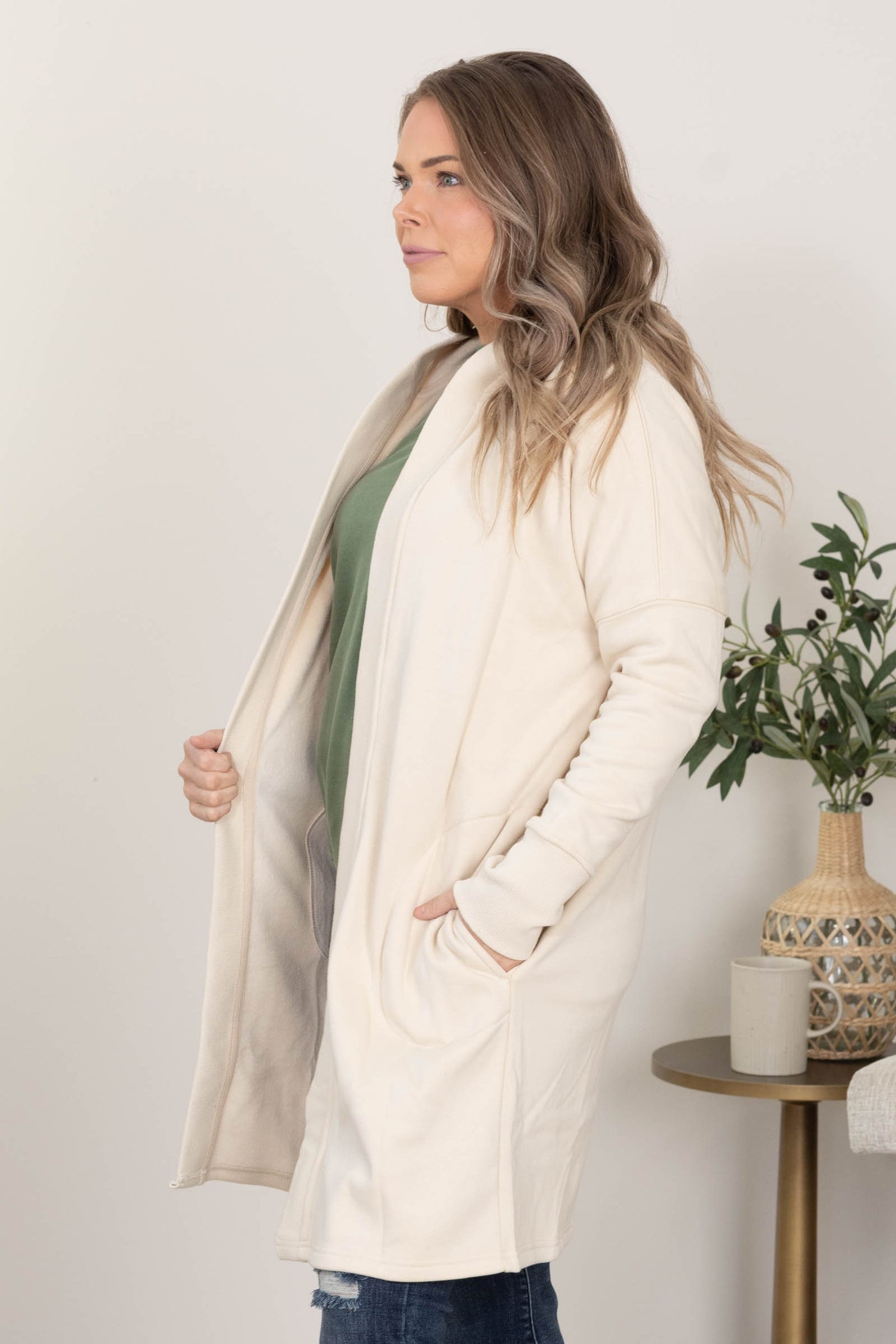 Cream Open Front Longline Hoodie Cardigan