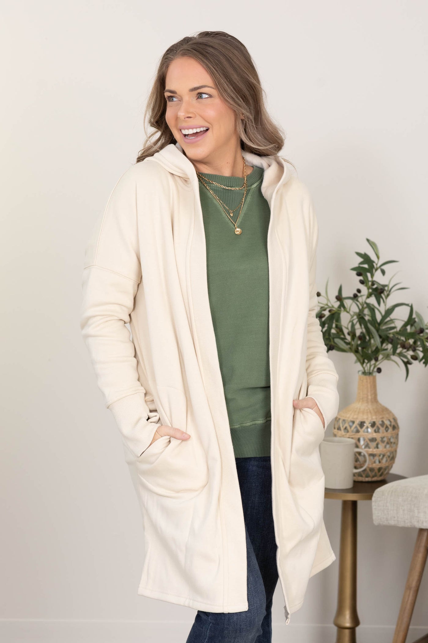 Cream Open Front Longline Hoodie Cardigan