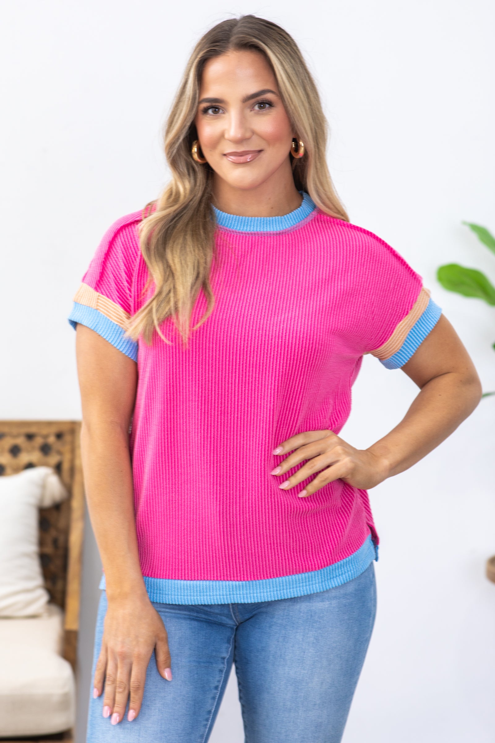 Hot Pink Contrast Ribbed Knit T-Shirt