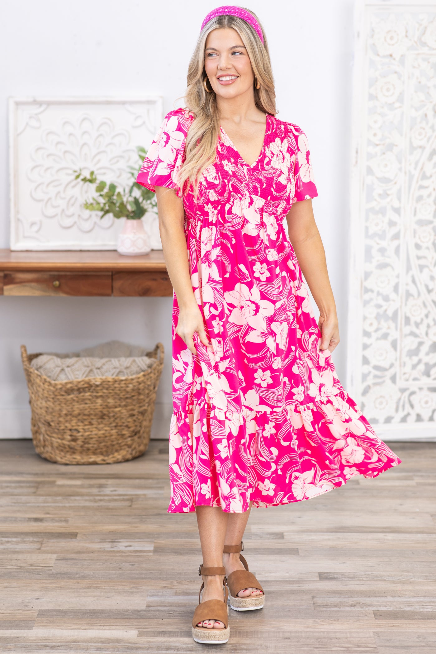 Pink Floral Print V-Neck Midi Dress