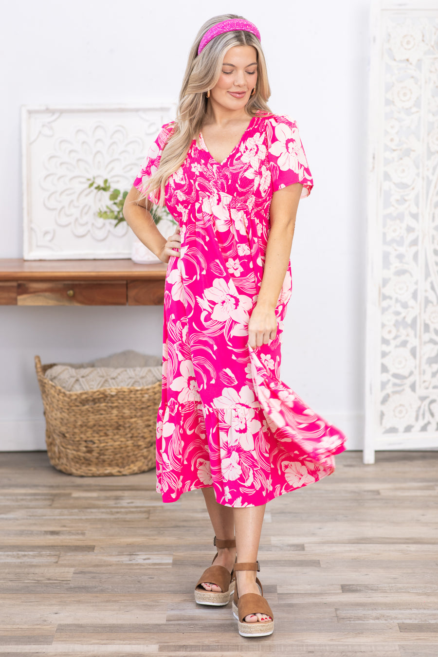 Pink Floral Print V-Neck Midi Dress