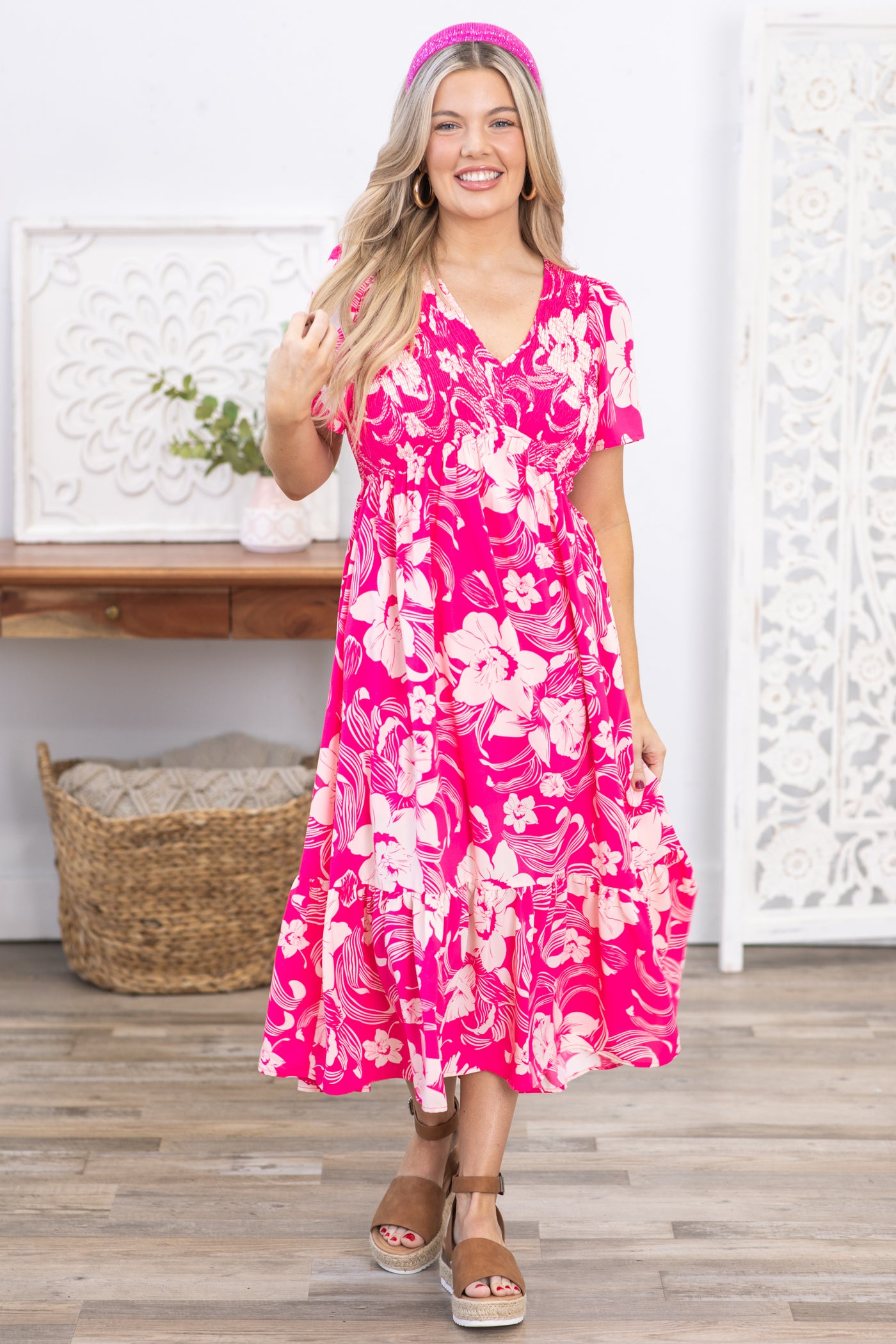 Pink Floral Print V-Neck Midi Dress · Filly Flair