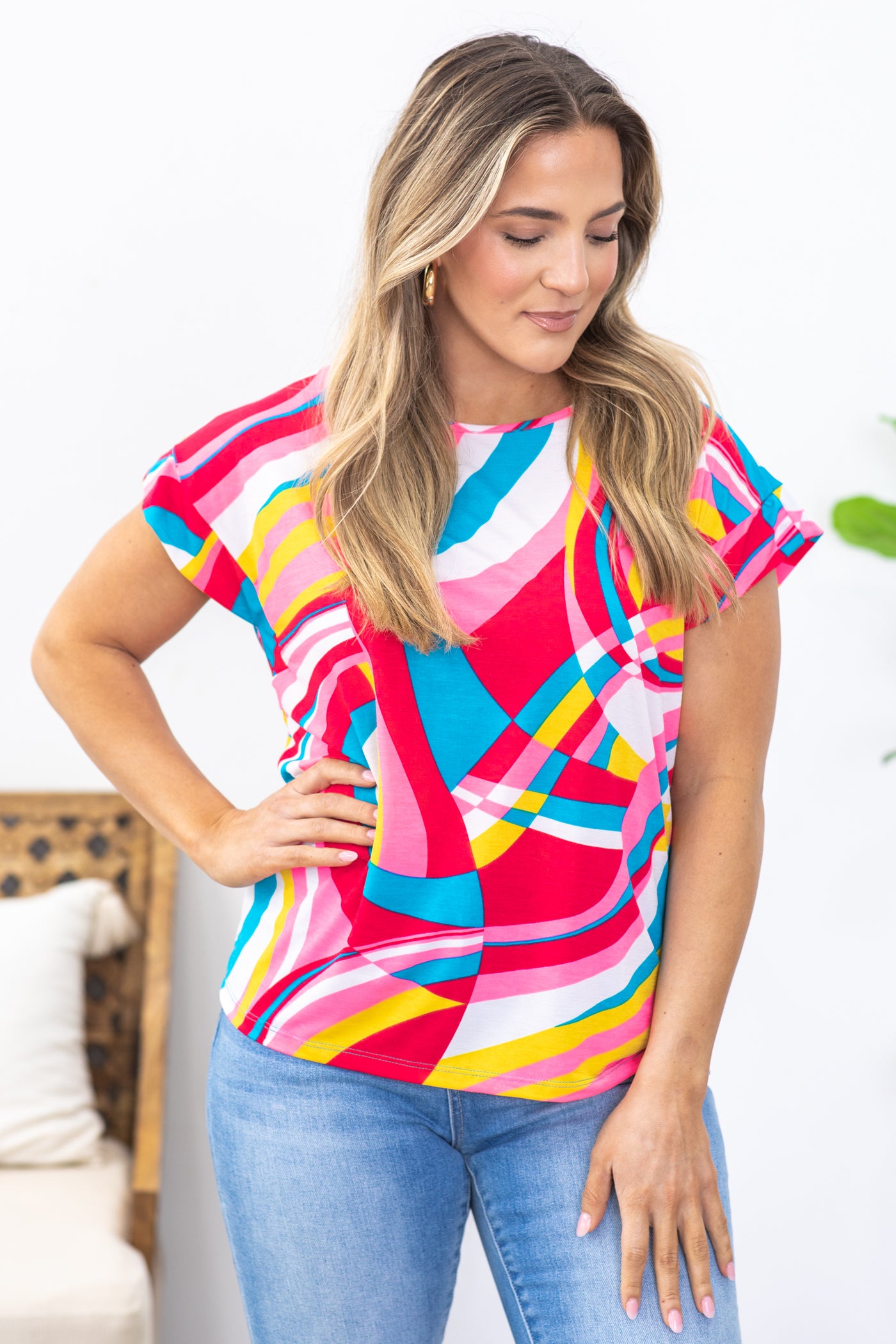 Pink Multicolor Abstract Print Knit Top