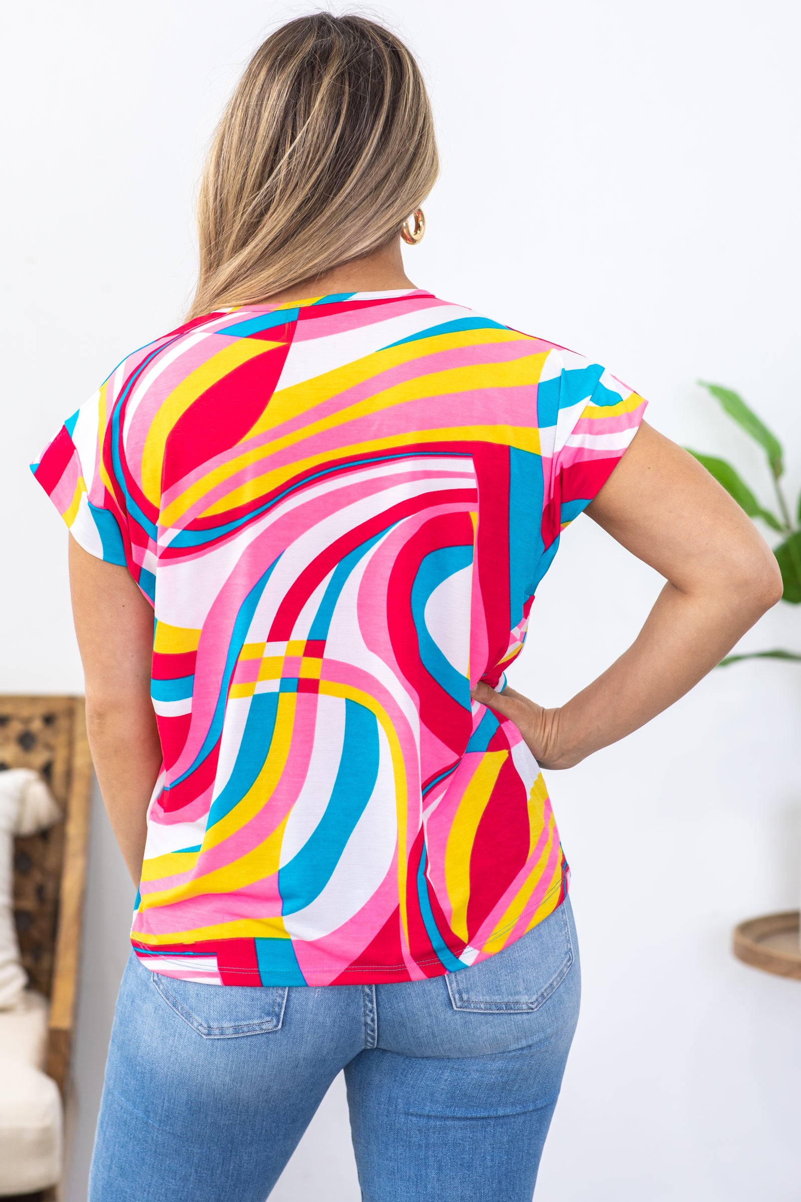 Pink Multicolor Abstract Print Knit Top