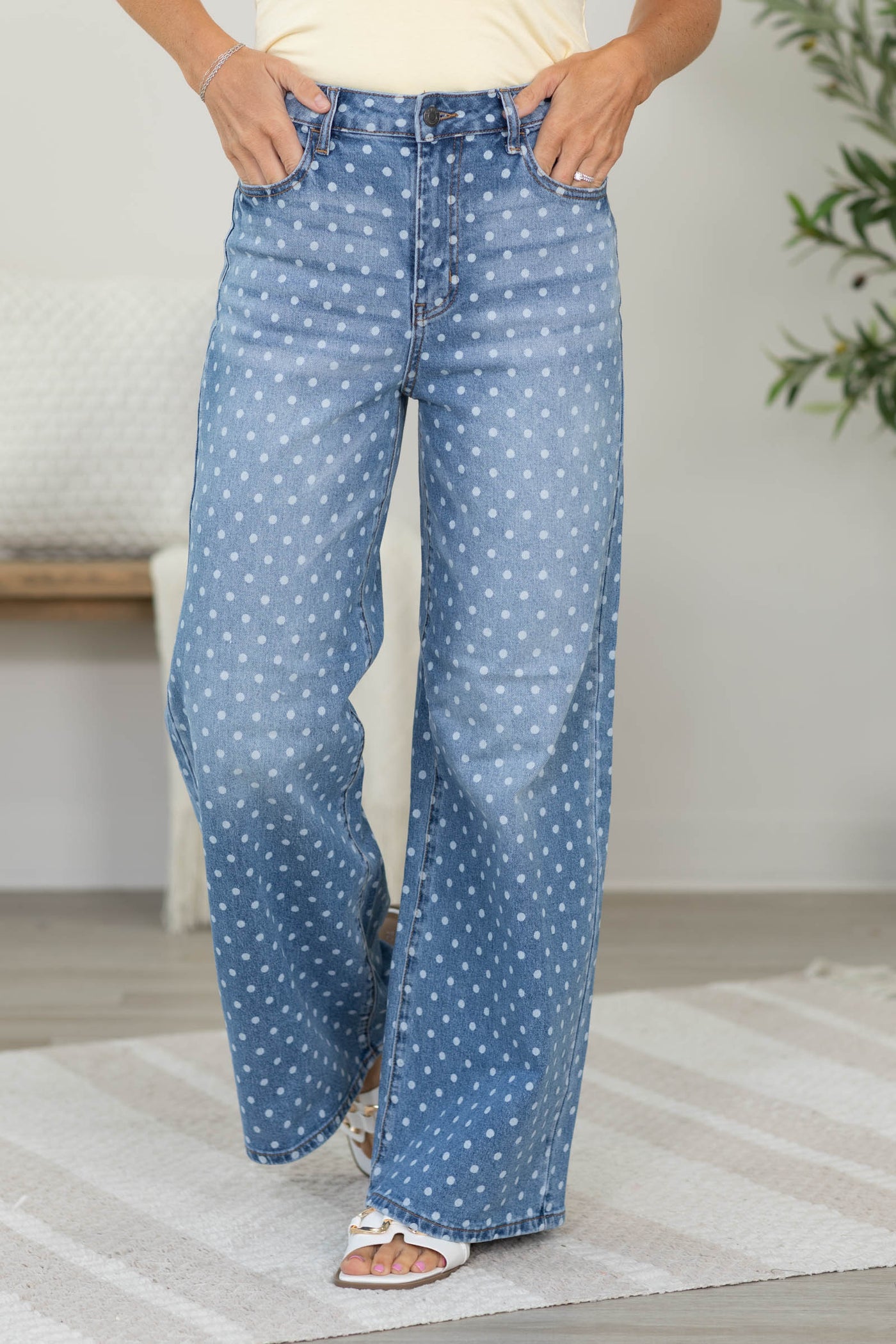 Cello Medium Wash Dot High Rise Wide Leg Jeans