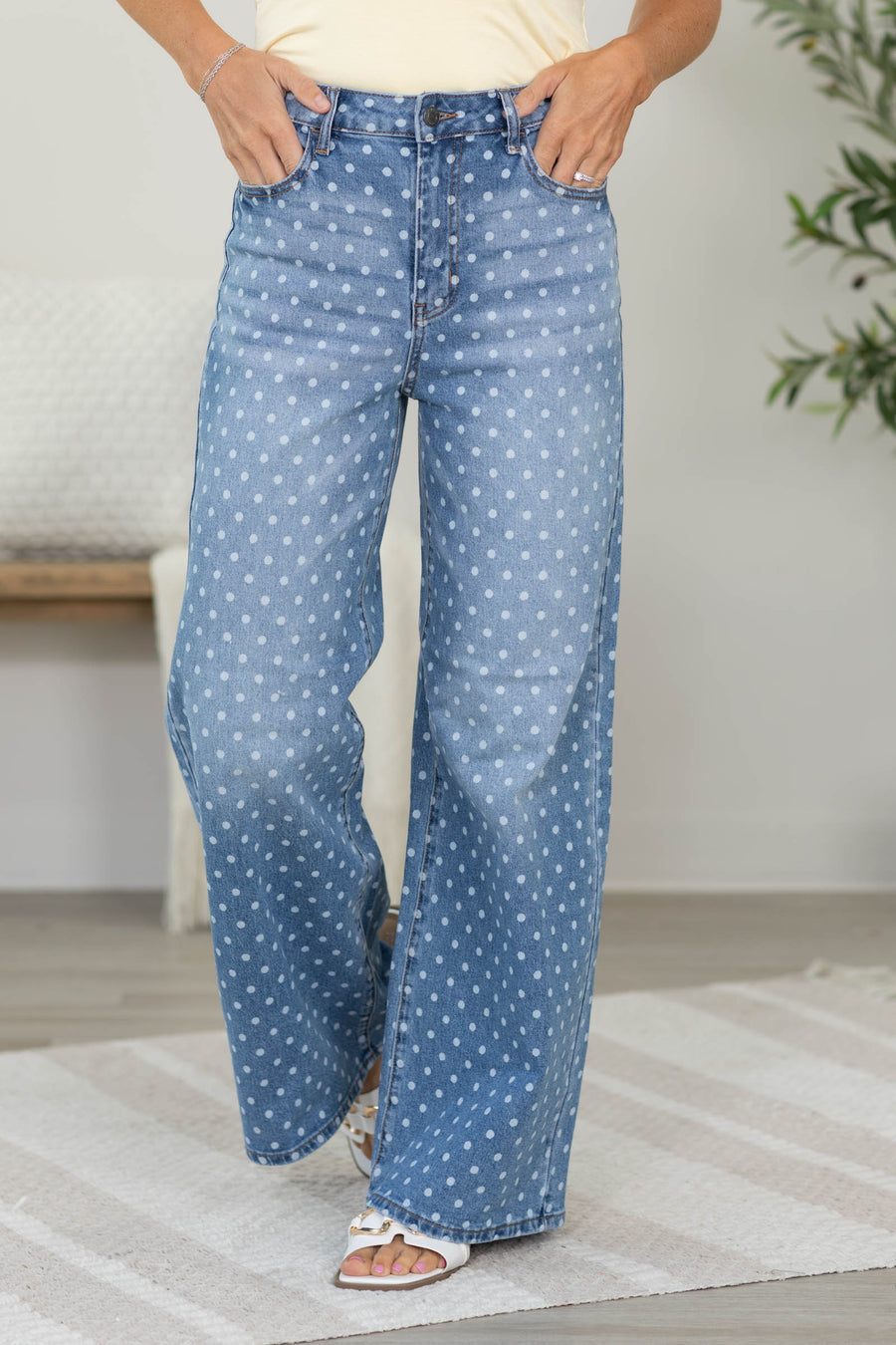 Cello Medium Wash Dot High Rise Wide Leg Jeans