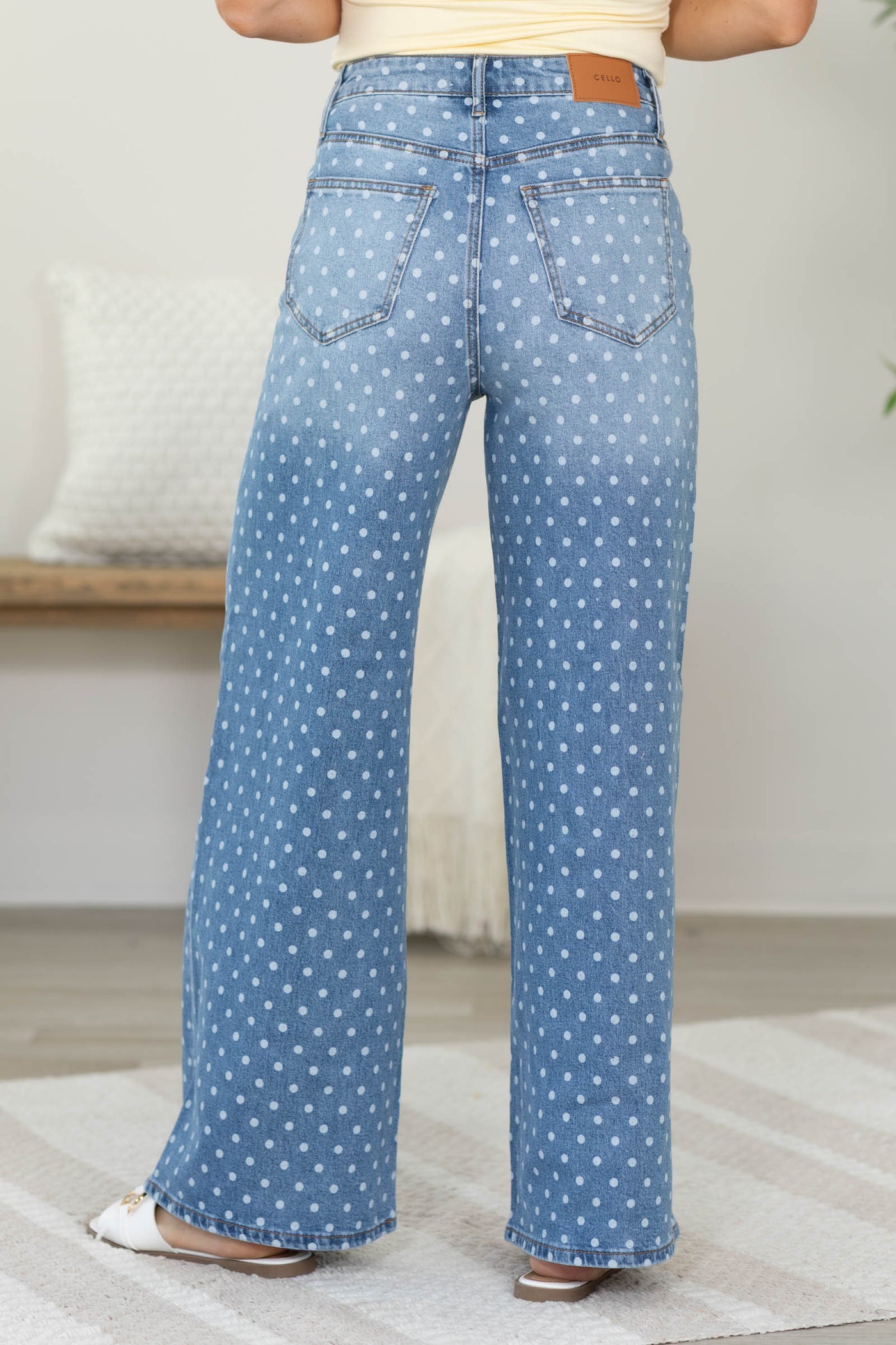 Cello Medium Wash Dot High Rise Wide Leg Jeans