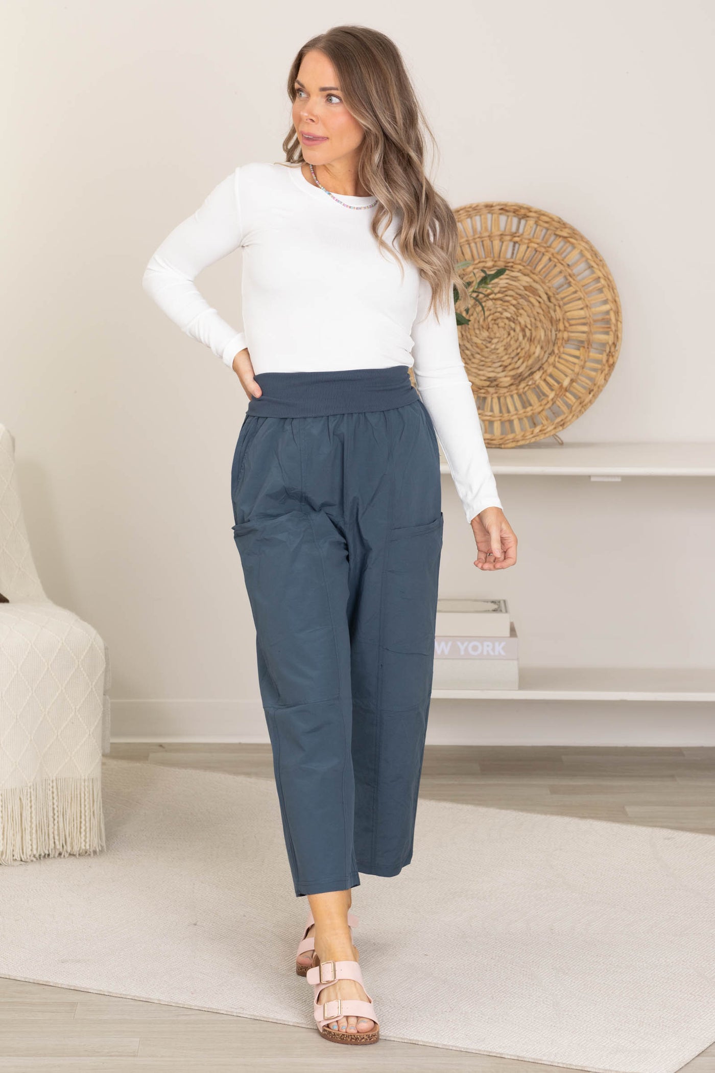 Slate Blue Relaxed Wide Leg Cropped Pants