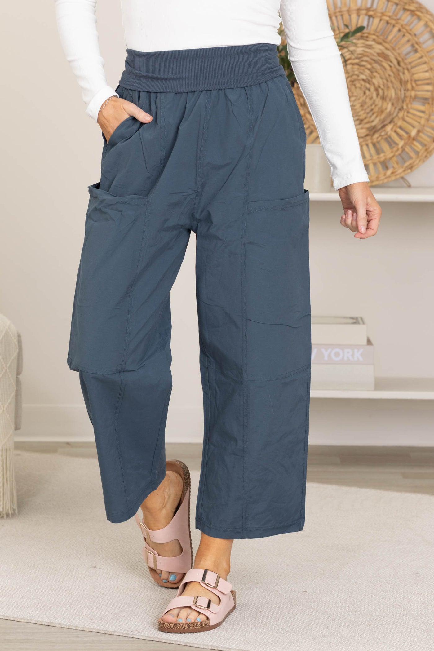 Slate Blue Relaxed Wide Leg Cropped Pants