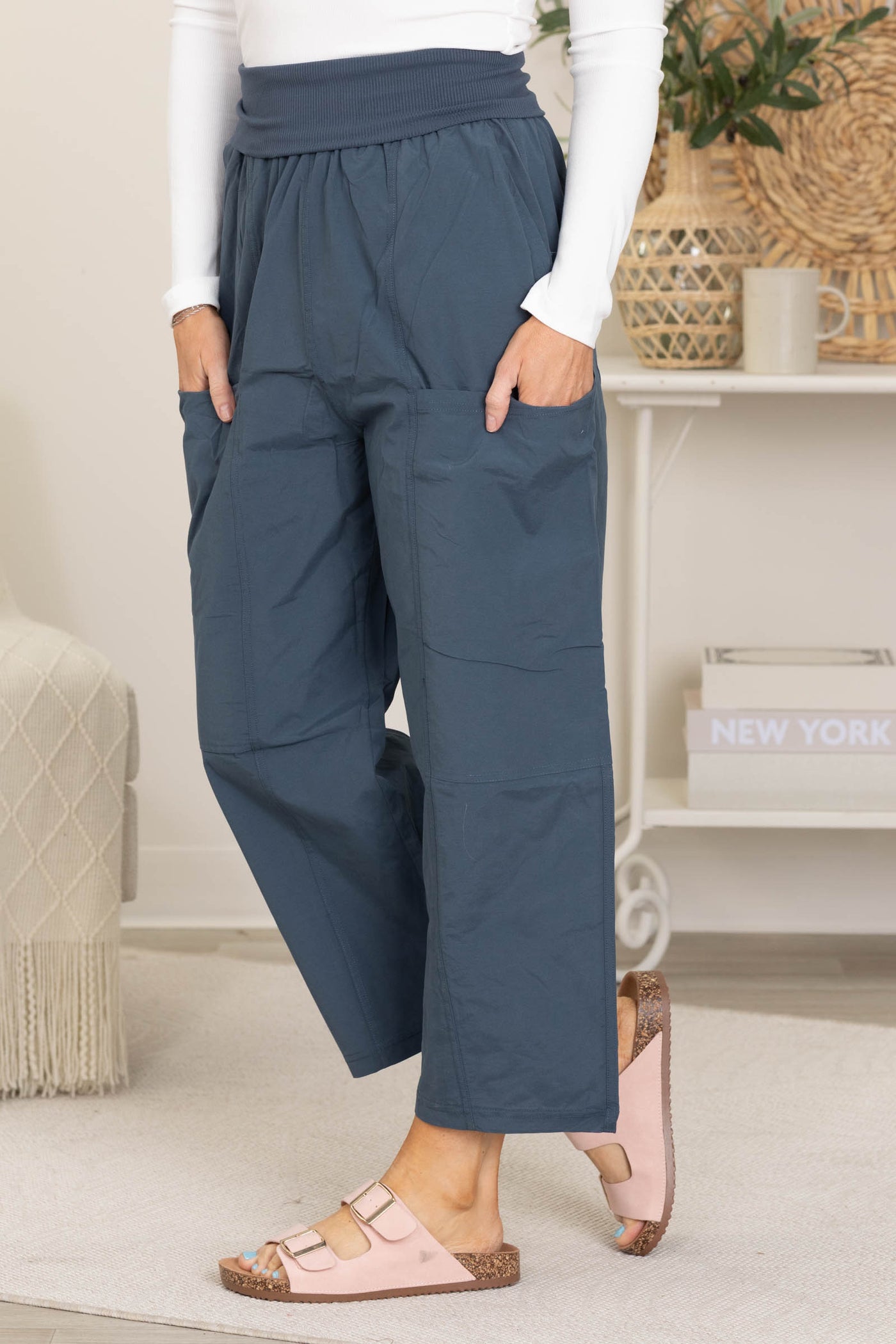 Slate Blue Relaxed Wide Leg Cropped Pants