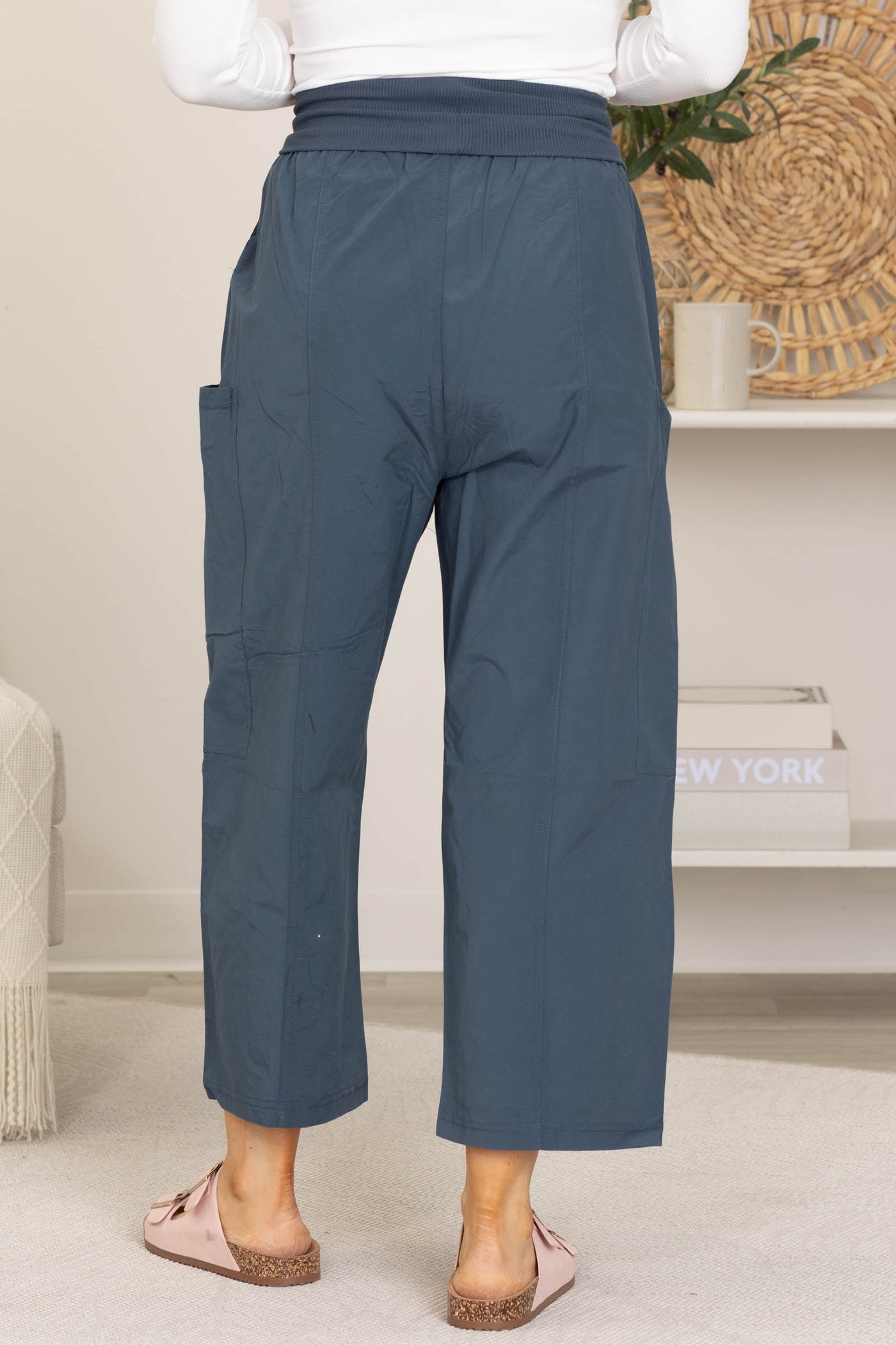 Slate Blue Relaxed Wide Leg Cropped Pants