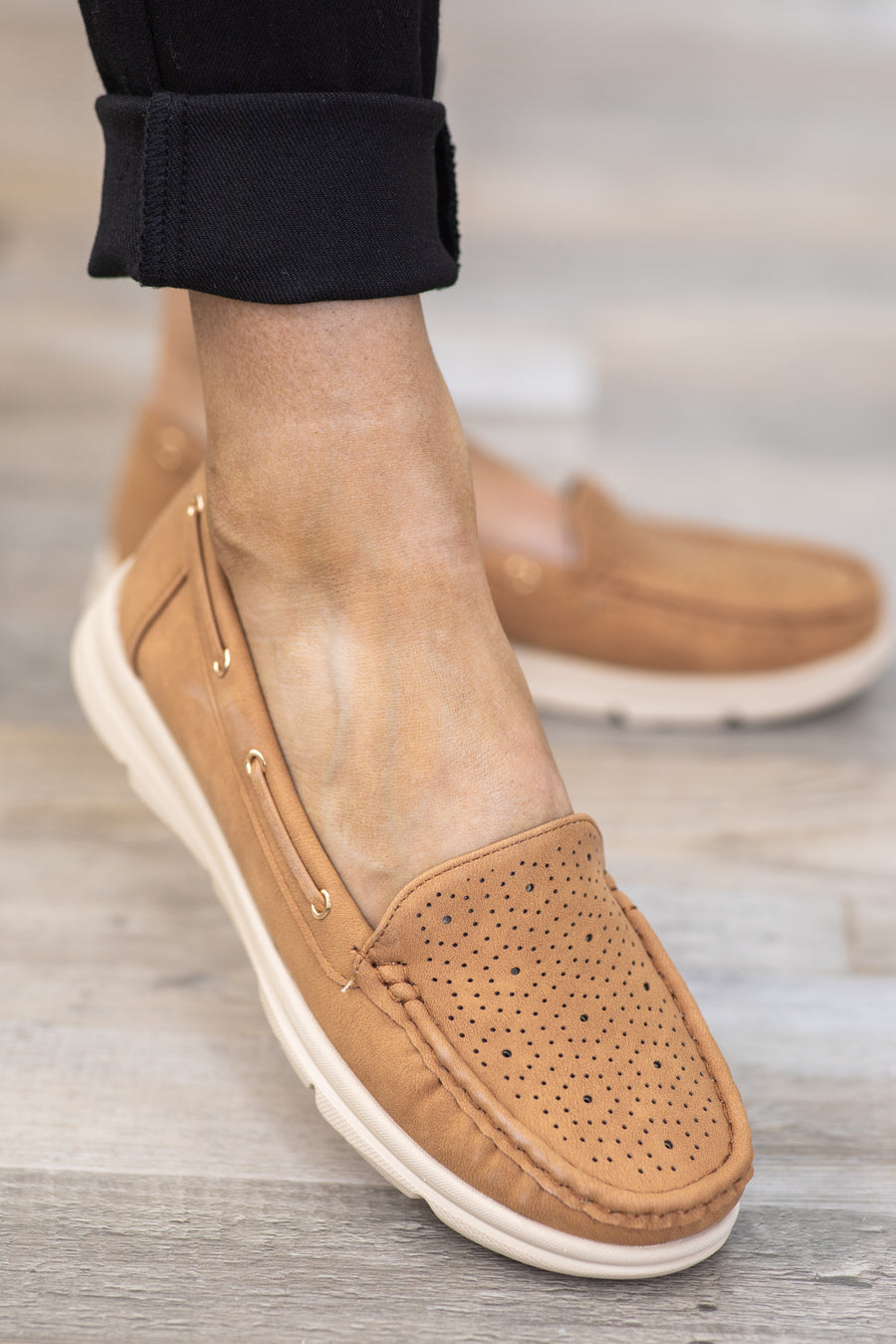 Camel Perforated Flat Loafer