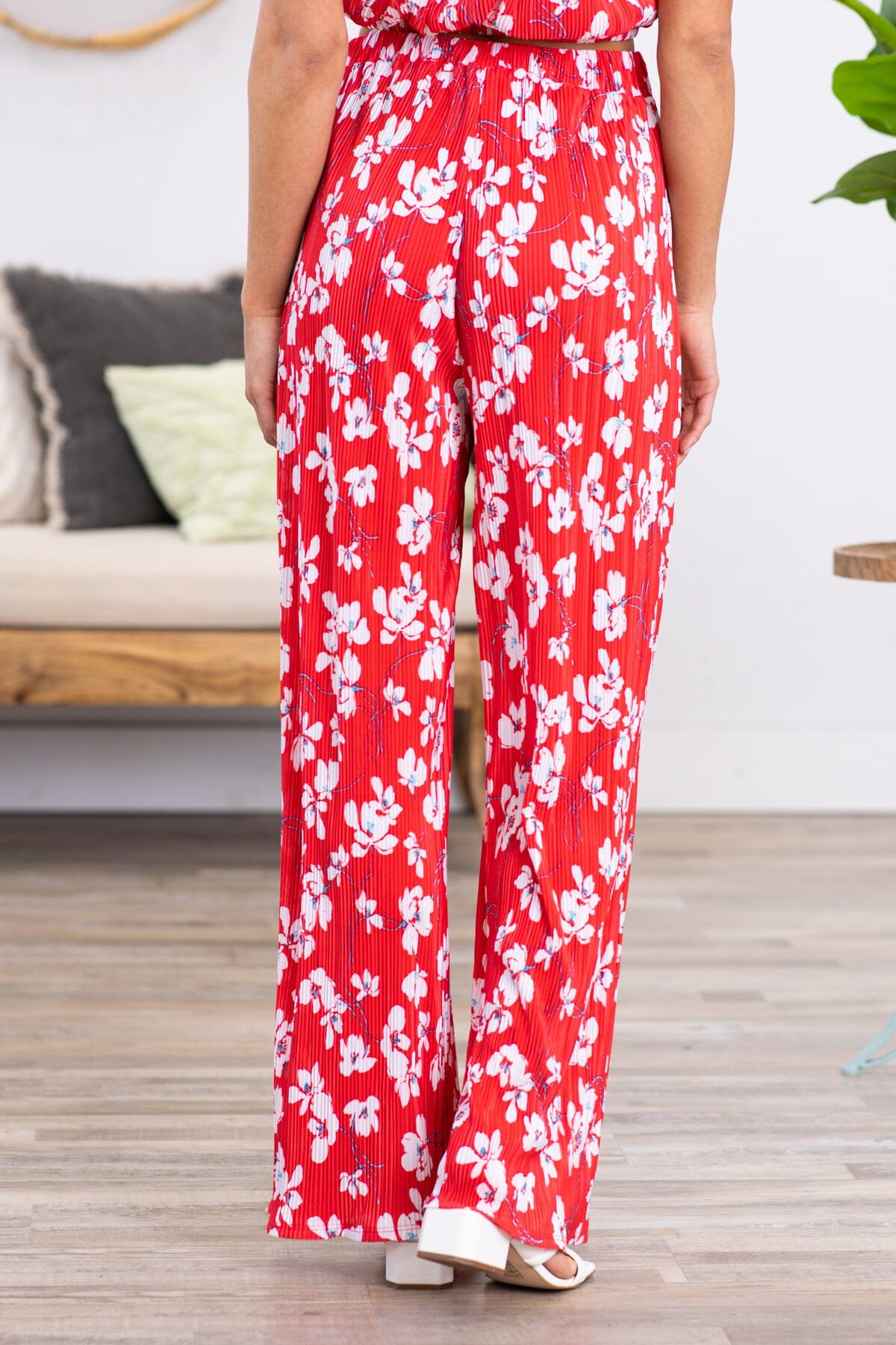 Red Crystal Pleat Floral Print Wide Leg Pants - Filly Flair