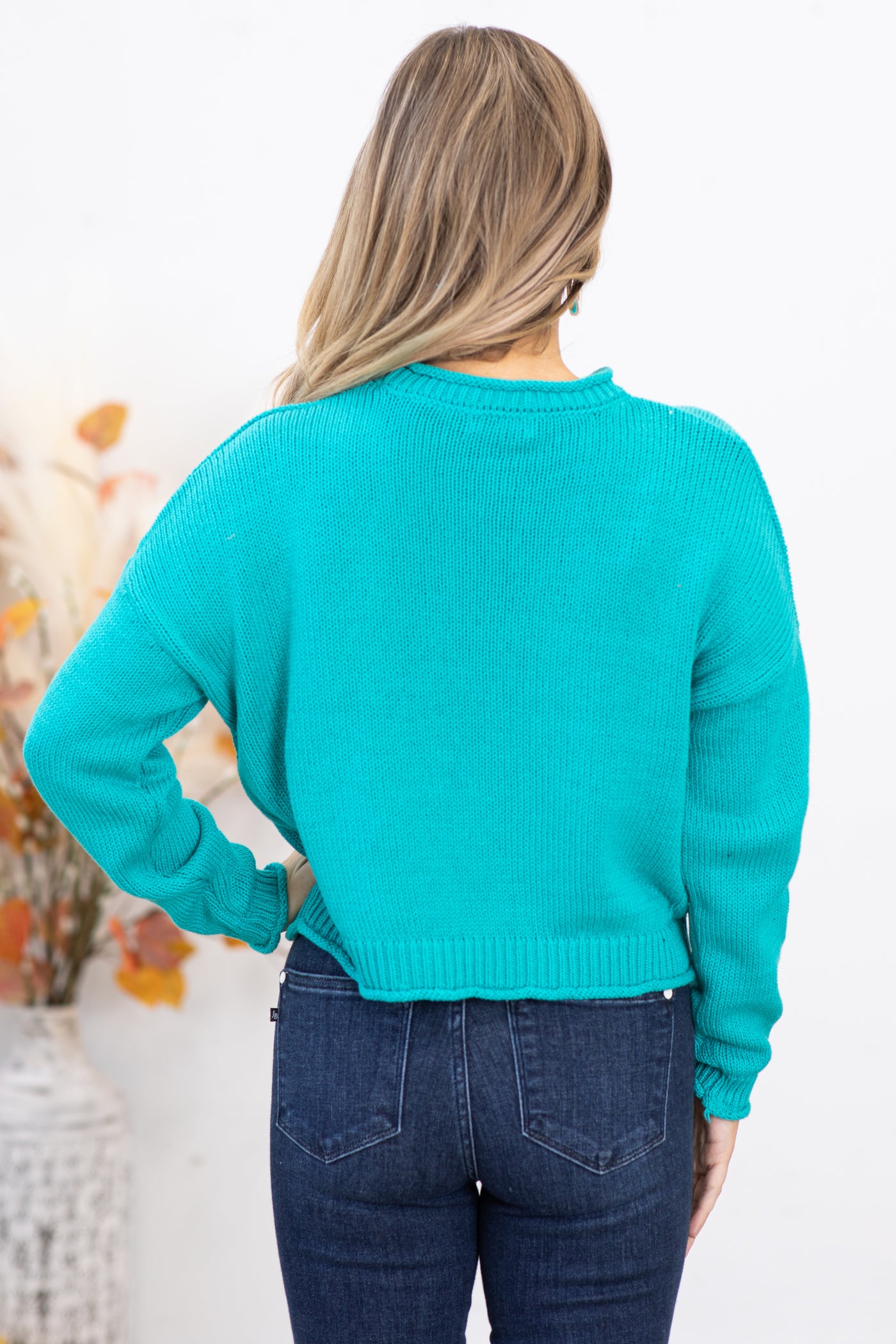 Turquoise Cotton Round Neck Basic Sweater