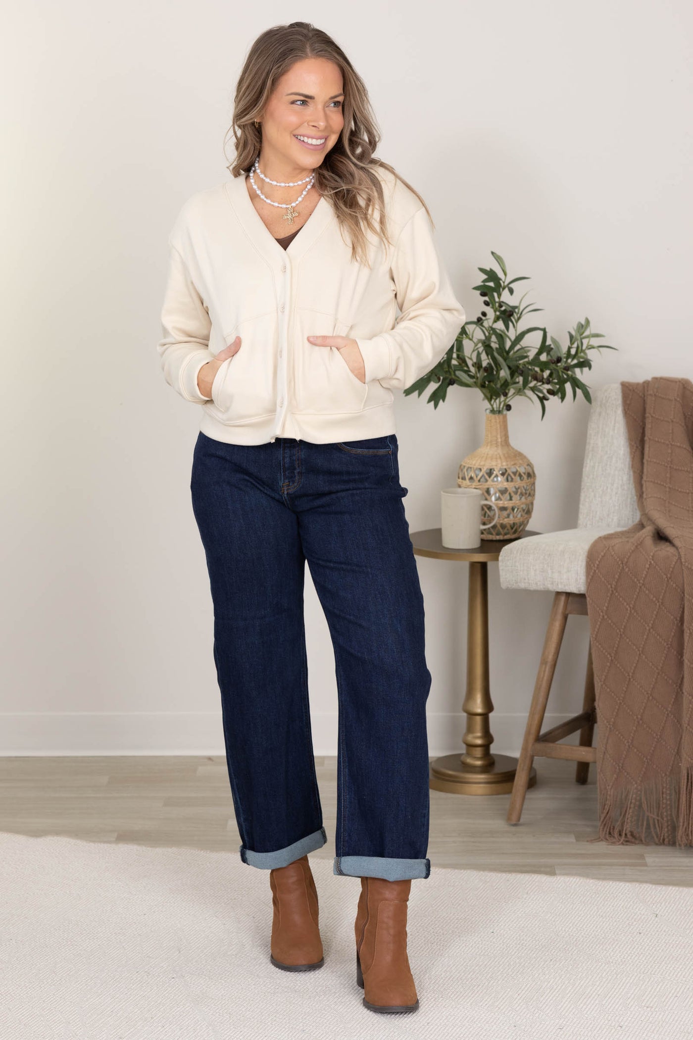 Cream Brushed Interior Button Up Cardigan